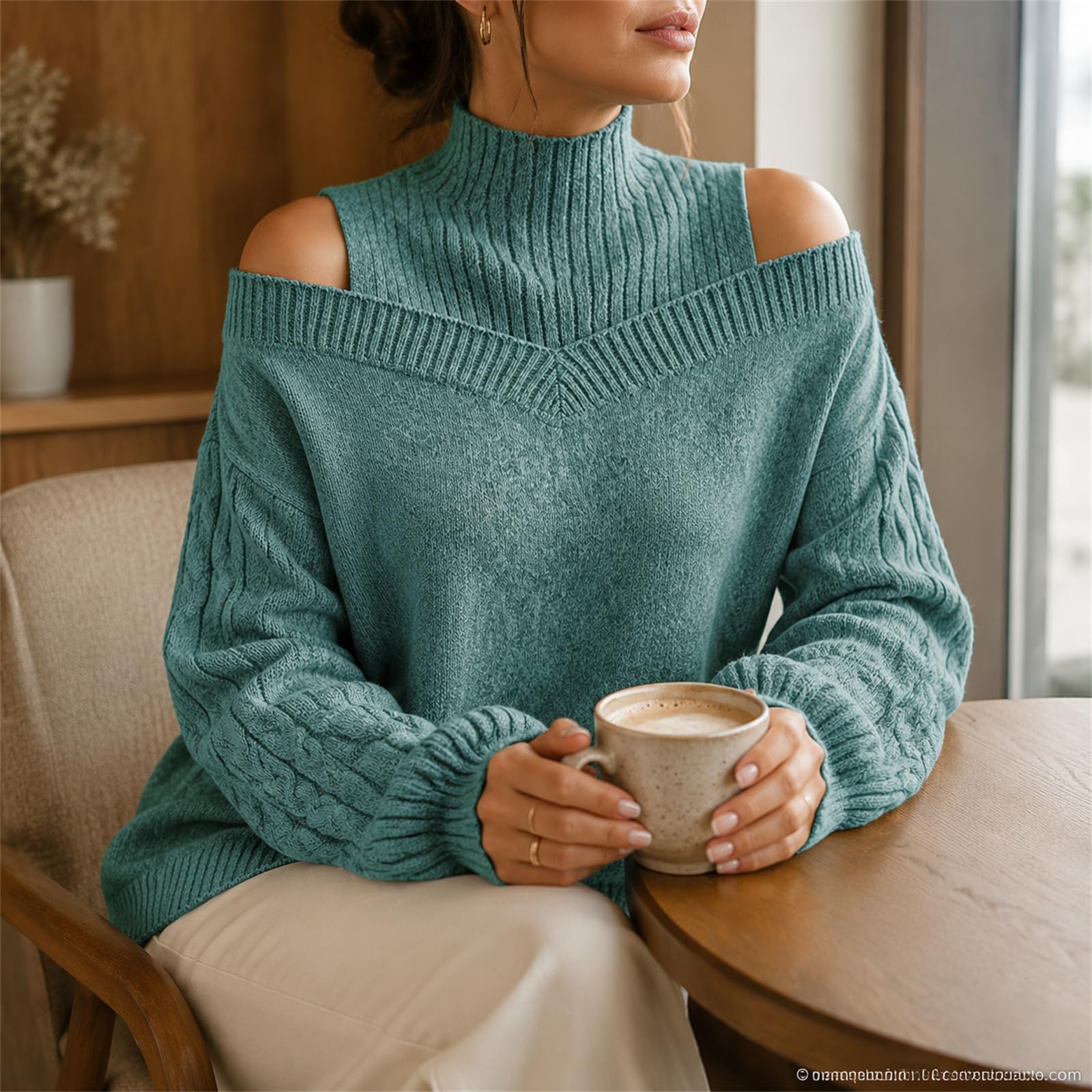 Maglione da donna a collo alto, con spalle scoperte, lavorato a maglia, a