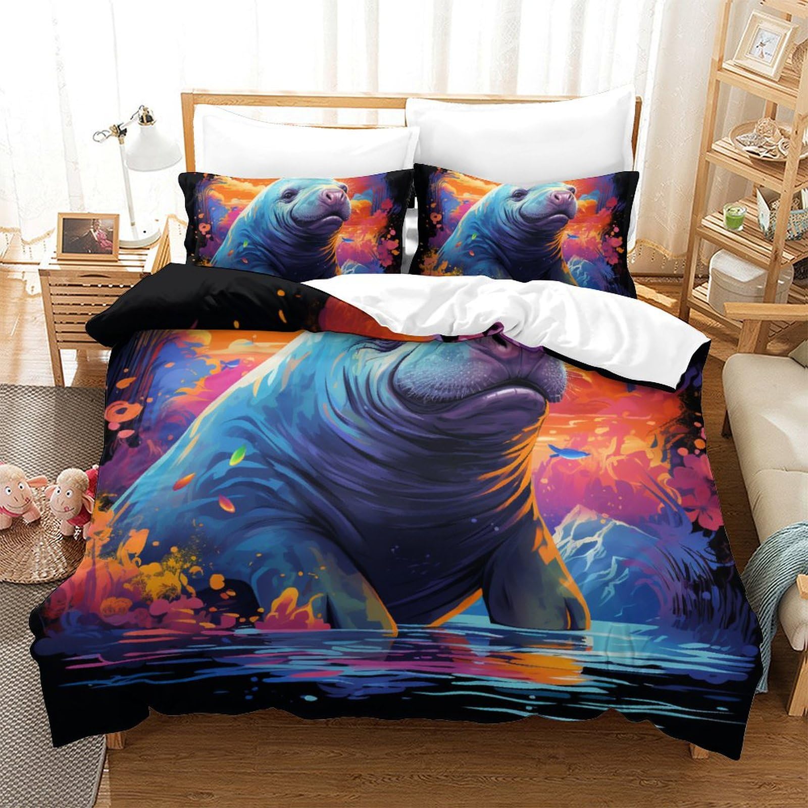 Parure de couette lamantins 3 pièces microfibre lit ado king housse 220x240 fermeture éclair