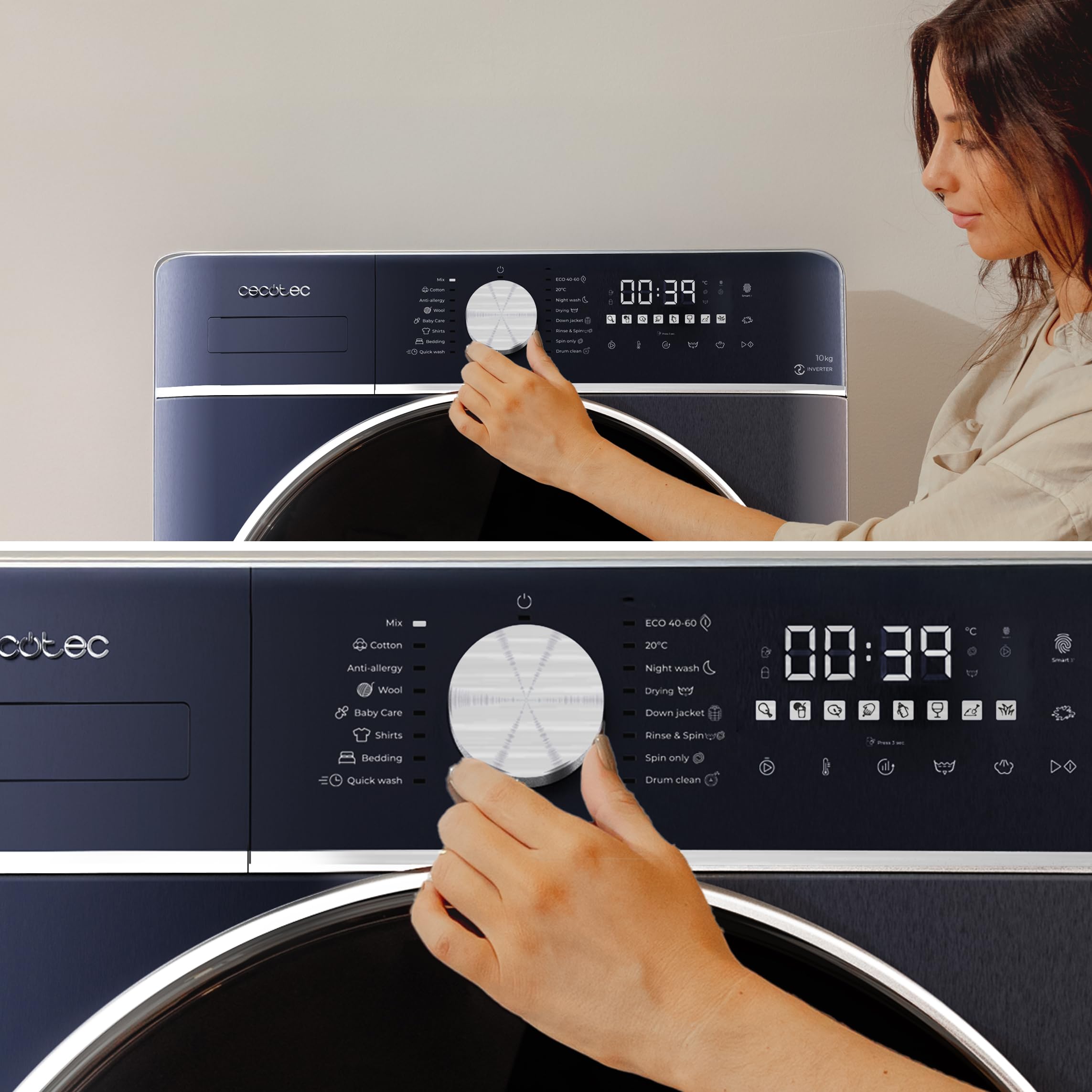 Cecotec Lave-linge Séchant 10Kg + 6Kg Chargement Frontal Bolero Wash&Dry 10680 Inverter Titanium A. 1400 tr/min, 16 Programmes, Moteur Inverter Plus, Basse Consommation, OnSmart, Joint Antibactérien