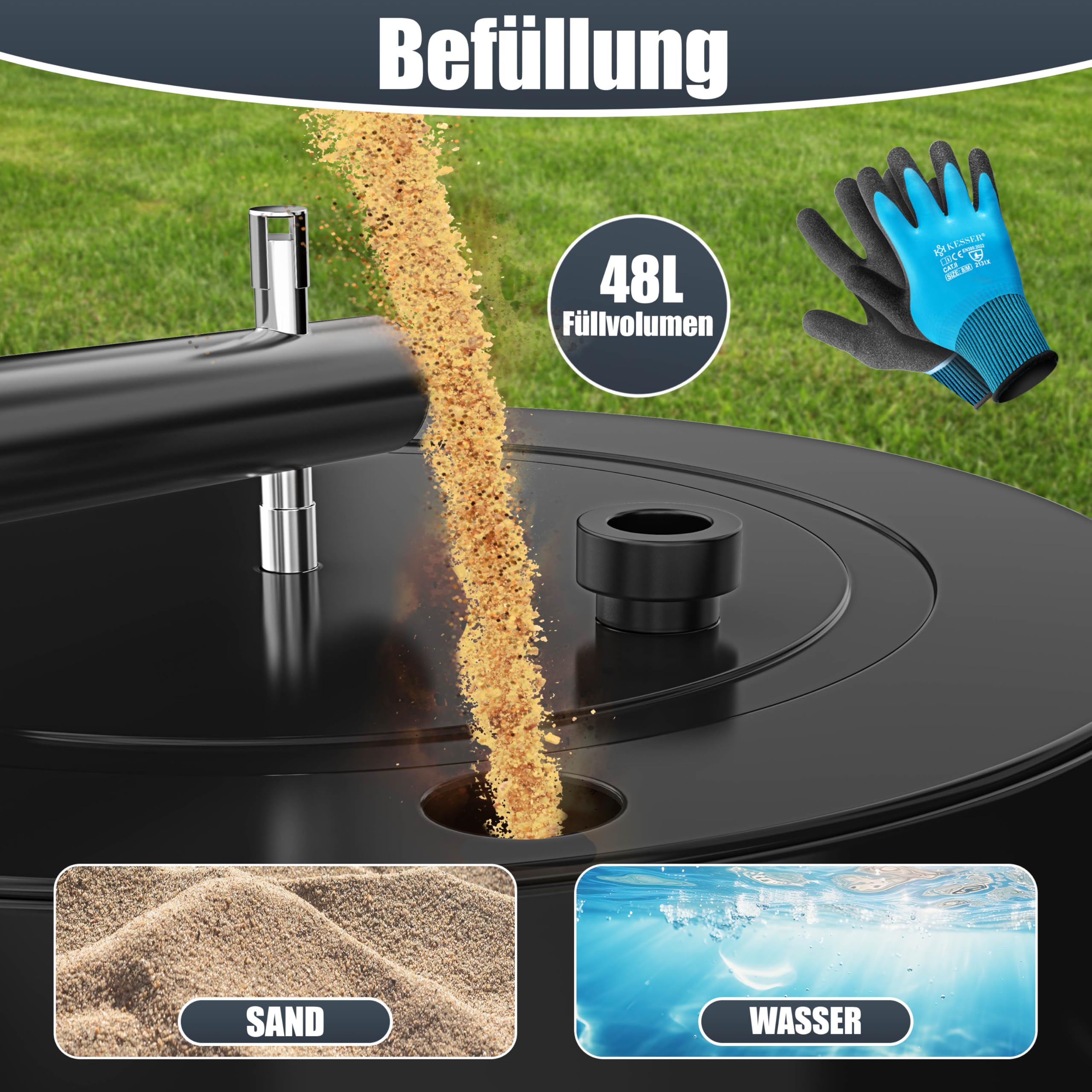 KESSER® Rasenwalze Metall befüllbar mit Wasser oder Sand mit 48 Liter Füllvolumen & 60cm breit | Gartenwalze inklusive Handschuhe | Handwalze Rasenroller Ackerwalze Walze in Schwarz