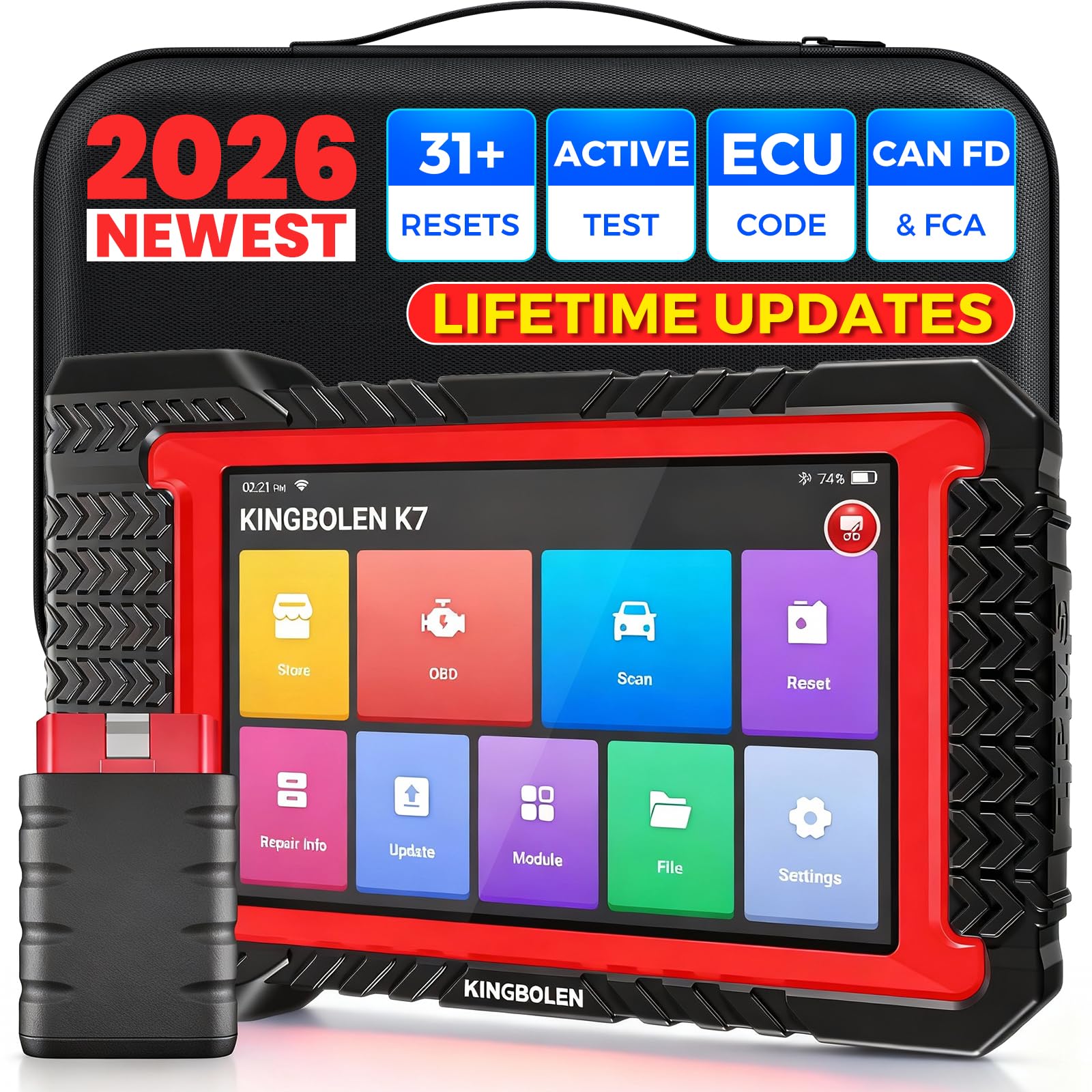 KINGBOLEN K7 OBD2 Scanner Bluetooth 2026 Bidirectional Scan Tool with Lifetime Update(New Version), ECU Code, 31+ Resets, Full System, No Subscriptions, CAN FD, FCA AutoAuth, Crankshaft Relearn