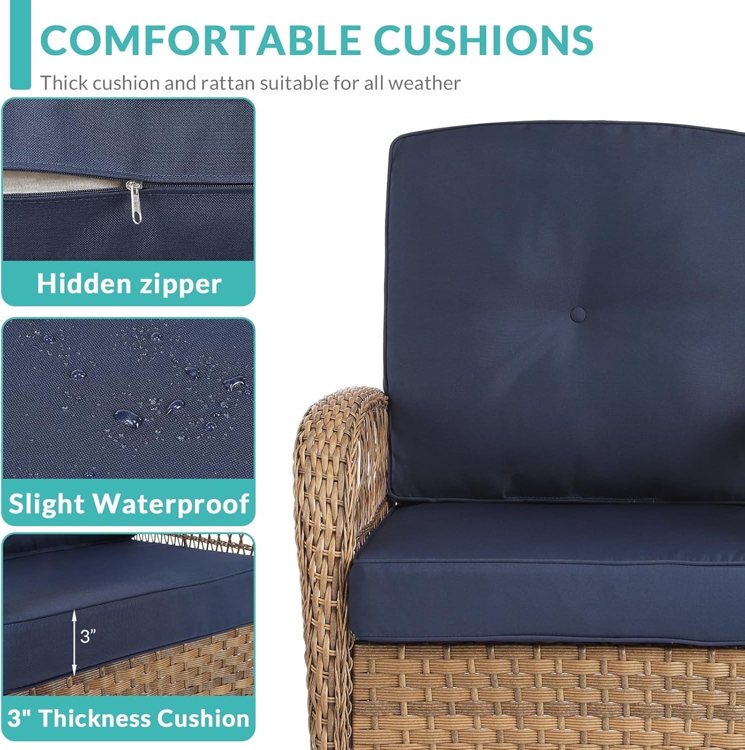 MEETWARM 5 Pieces Outdoor Patio Rattan Furniture Sets, All Weather Patio Wicker Conversation Set - 2 Rocking Swivel Chairs 1 Rattan Loveseat Glider w/Cushions, 2 Glass-Top Coffee Table, Navy Blue