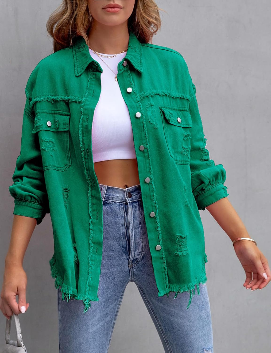 Womens Ripped Distressed Denim Jacket Tops Oversized Casual Long Sleeve Basic Jean Jacket Coats - Image 3