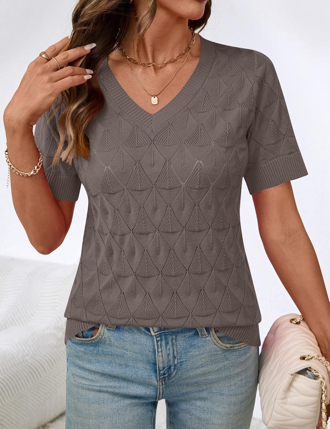 IECCP Womens Short Sleeve Sweater V Neck Summer Tops Lightweight Knit Pullover Blouses Business Casual Outfits - Image 3