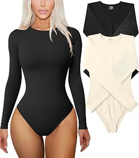 Women's 2 Piece Bodysuits Sexy Ribbed One Piece Long Sleeve Round Neck Tops Bodysuits