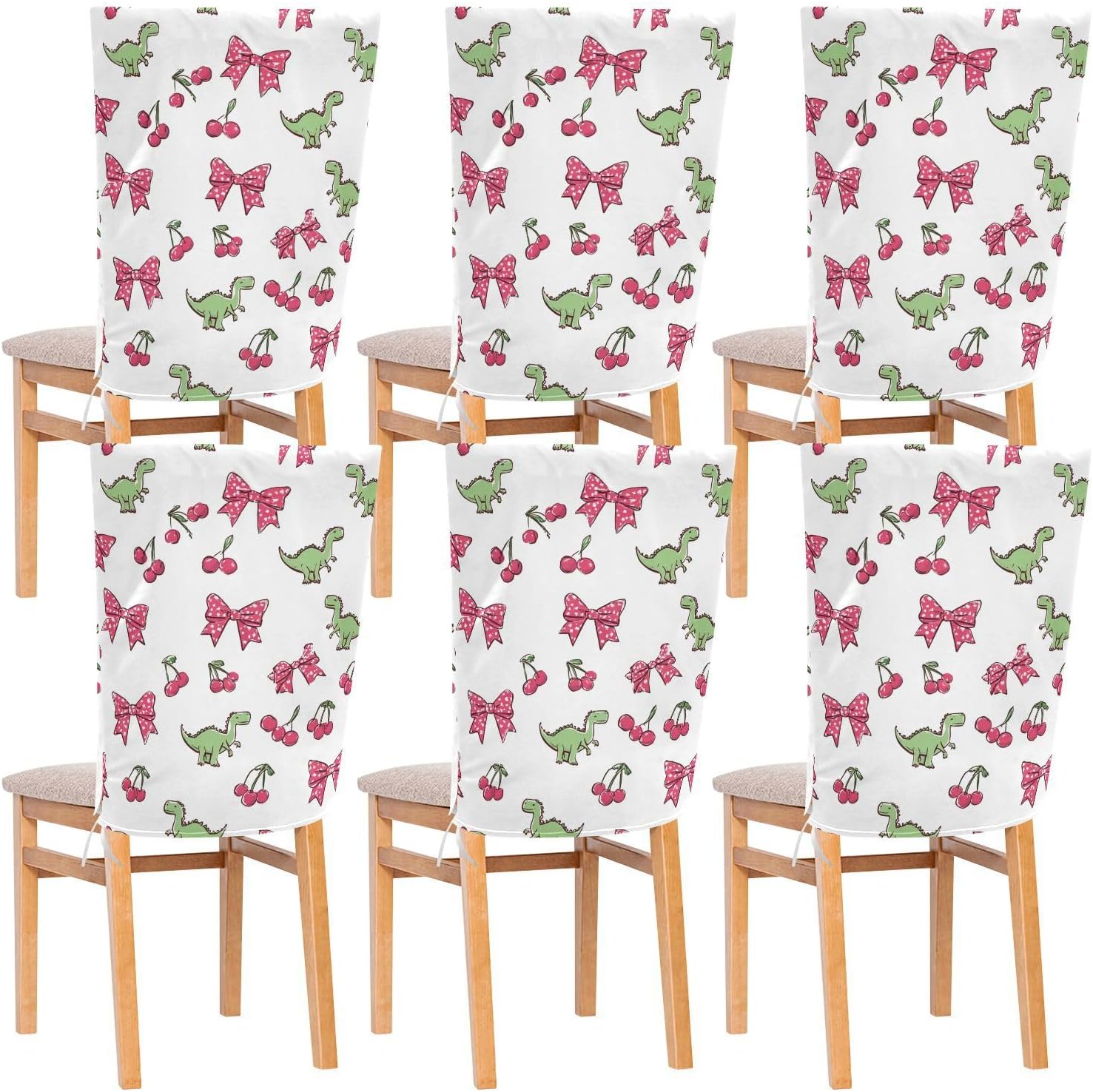 ALAZA Dinosaur Bows Cherry Flowers Chair Back Cover Set of 6, Washable Reusable Removable Chair Slipcovers Decorative Chair Cover for Home Kitchen Wedding Party