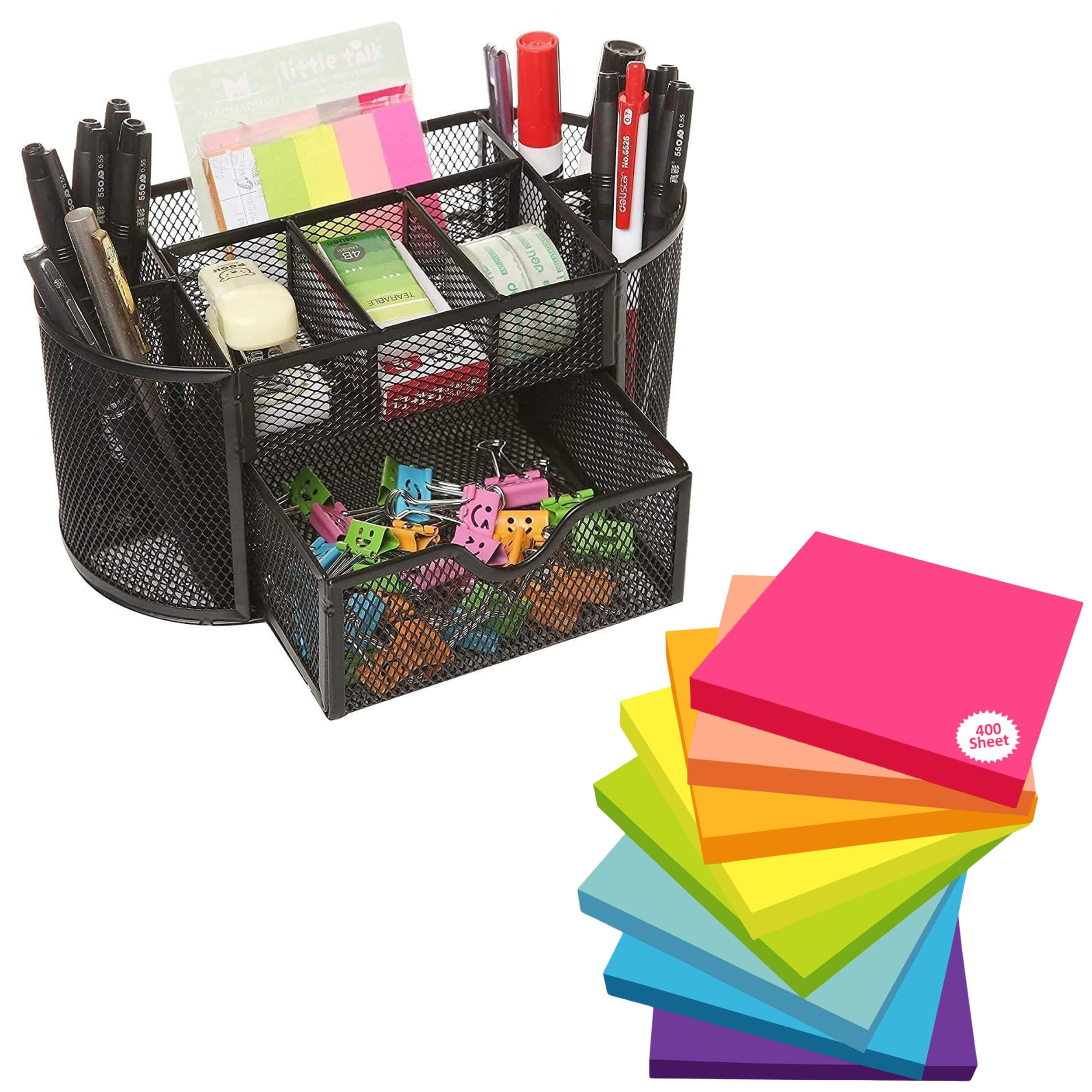 OFIXO Combo – Schreibtisch-Organisation, 9 Fächer, Metallnetz, Schreibtisch-Organizer und 400 Blatt bunte Haftnotizen – perfekt für Büro, Zuhause und Schule