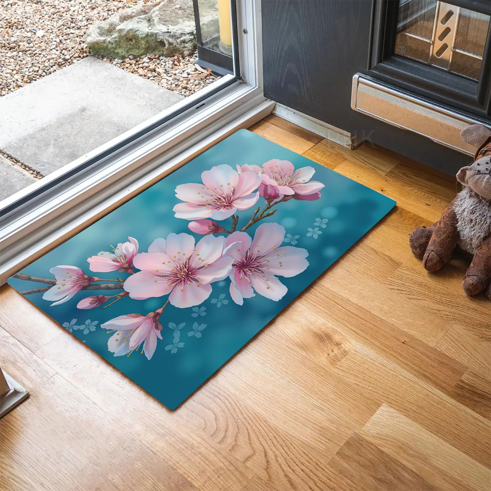 Tapis d'entrée 60 x 90 cm paillasson bleu-vert fleurs de cerisier