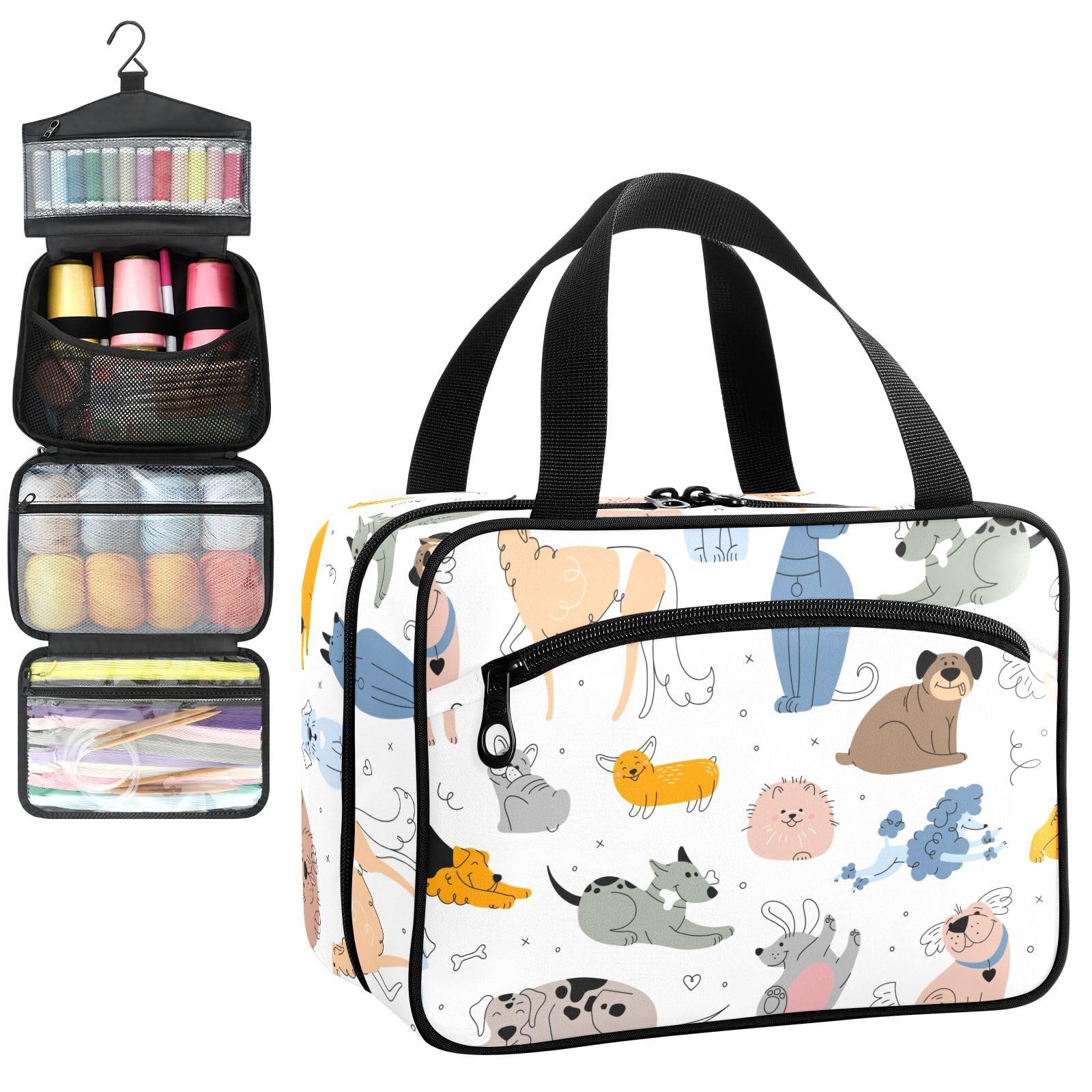 YNNALE Sewing Supply Organizer Bag, Cute Dog Hang Draw Dogs Patterned Portable Sewing Bags with Pockets&Hanger, Sewing Storage Box Case for Sew Supplies/Kit/Tools/Accessories (BAG ONLY)