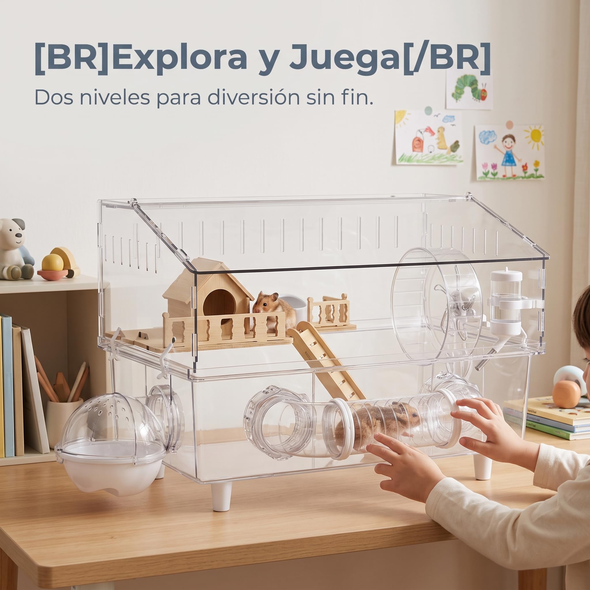 Jaula hámster Gran Transparente 2 Niveles, terrario hábitat con Tubos y casa para hámster, Jaula de Lujo de Villa elevada de 45 con túnel - Cabaña de Madera