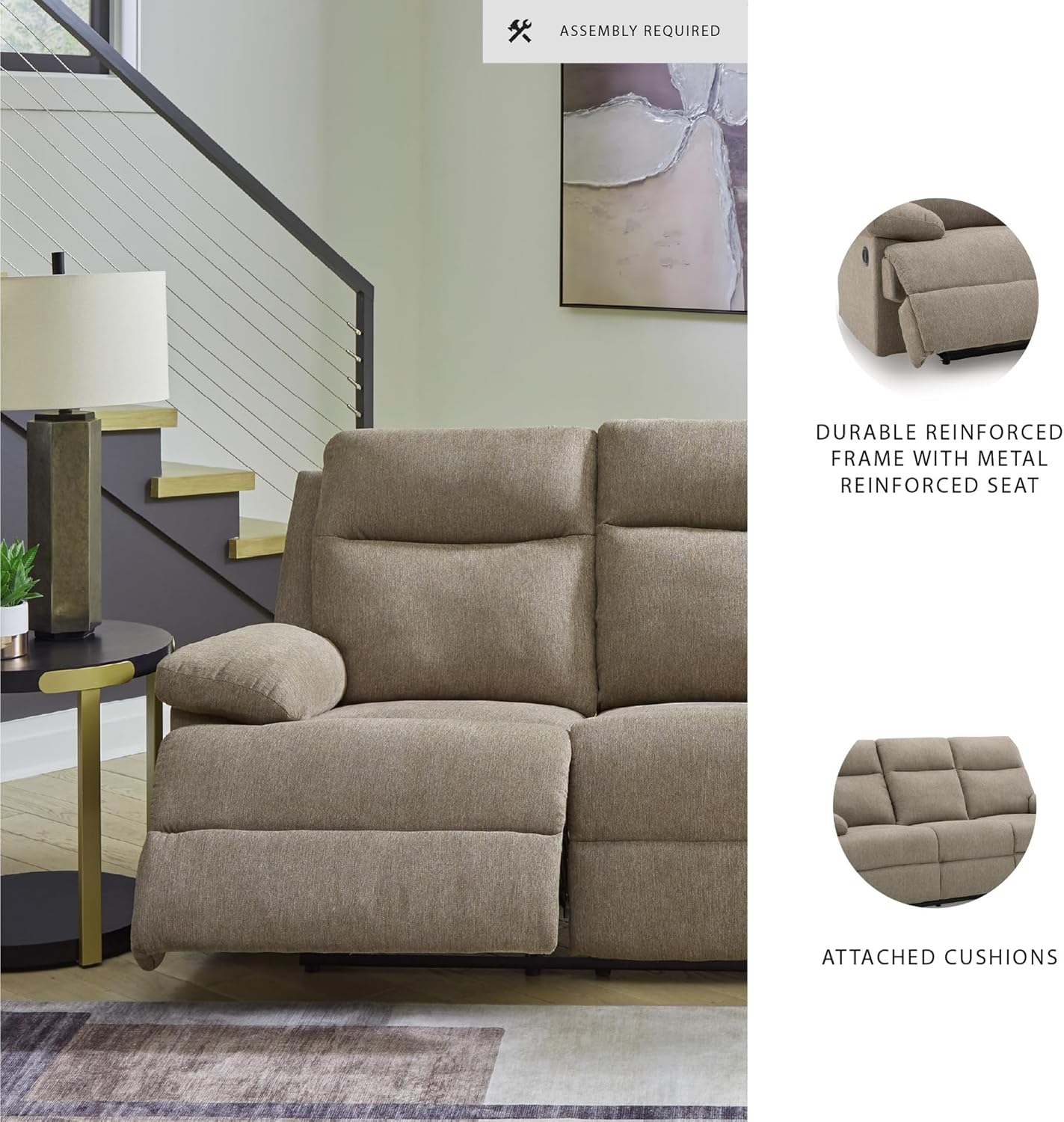 Signature Design by Ashley Yarrow Lane Classic Chenille Manual Pull Tab Reclining Sofa with Drop Down Table and USB Charging, Light Brown