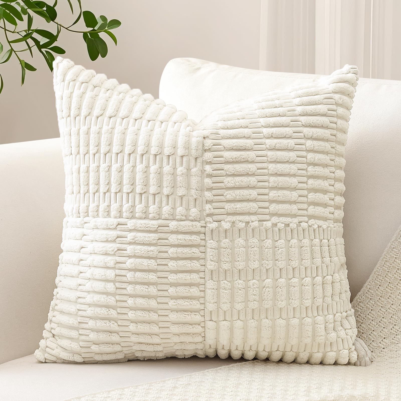Sungeek Set of 1 Decorative Cushion Cover 50 x 50cm Soft Corduroy Striped Cross Patchwork Textured Pillow Case Boho Farmhouse Square Throw Pillow Cover for Sofa Bed Patio 20x20 Inch, Cream White