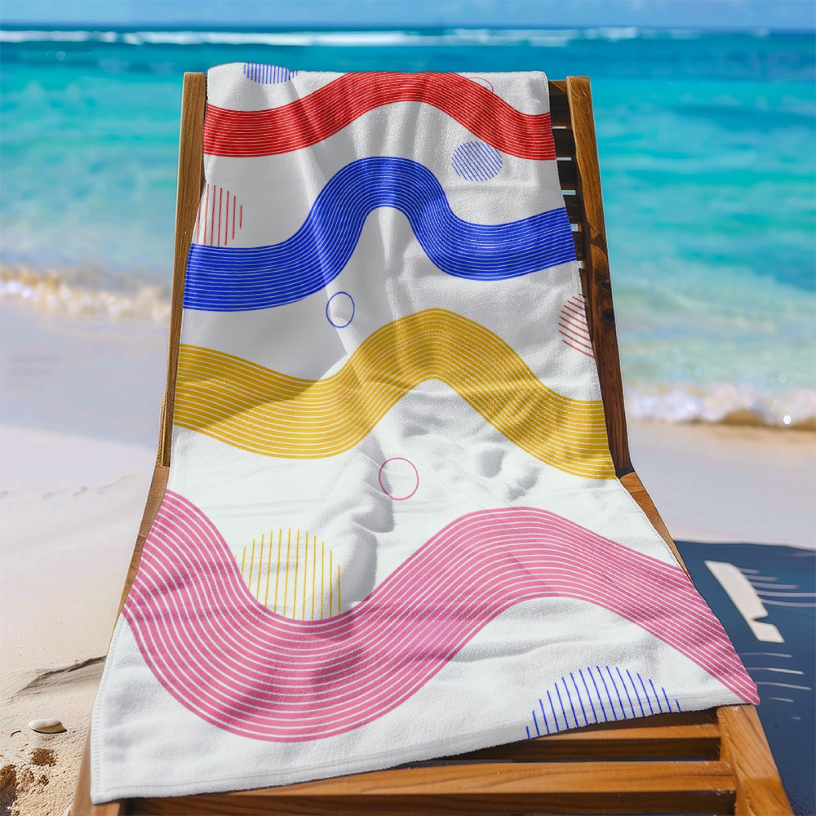 Fouta PlageLignes Bleues Rouges Jaunes Modèle Surdimensionné avec Diverses Tailles, Respirante et Portable, Parfaite pour Voyages Sorties Piscine et Usage Extérieur Quotidien 90x160 cm