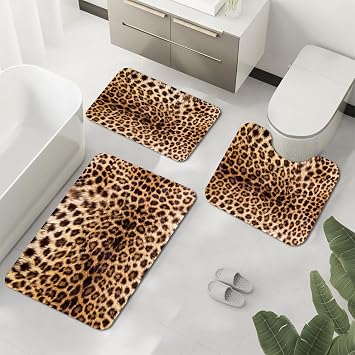 Brown Cheetah Print Bathroom Mat Set, Quick Dry Leopard Print Rugs