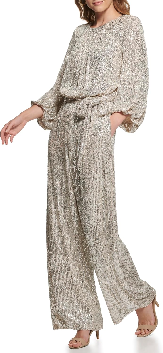 Vince Camuto womens Jewel Neck Tie Waist Sequin Wide Leg Jumpsuit - Image 2