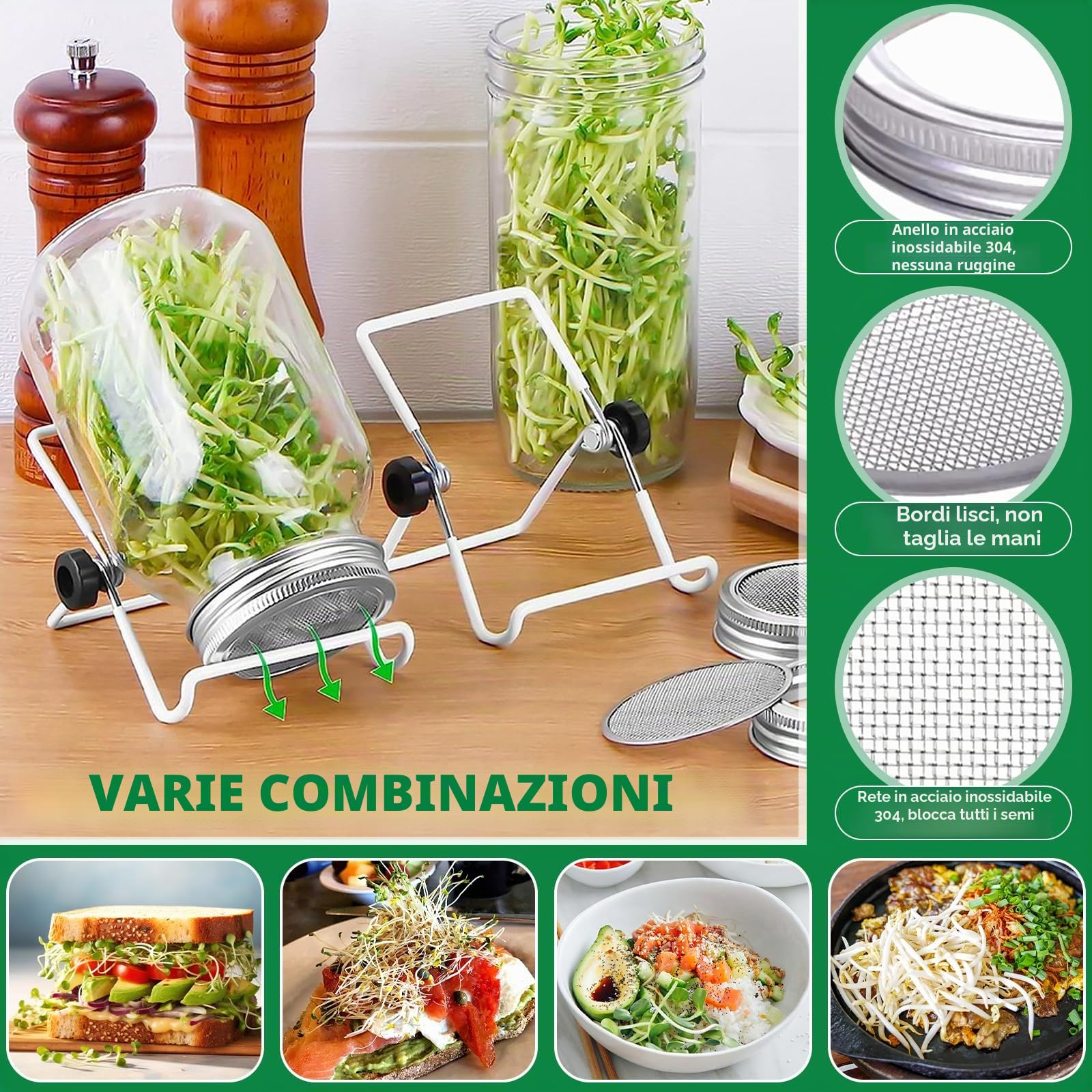 Barattolo Germogliatore Set,2 1000ml Germogliatore in Vetro, 2 Coperture, 2 Supporti e 1 Vassoio,2 Manicotti Oscuranti,1 Spazzola,Kit di Barattoli per Germogliamento di Semi per Broccoli Germ