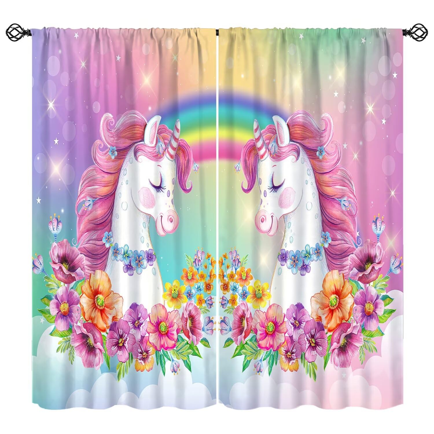 FengMingRui Cartoon Kids Unicorn Curtain Fantasy Cartoon Floral Rainbow Unicorn Window Treatment for Boy Girl Bedroom Living Room Home Decor Window
