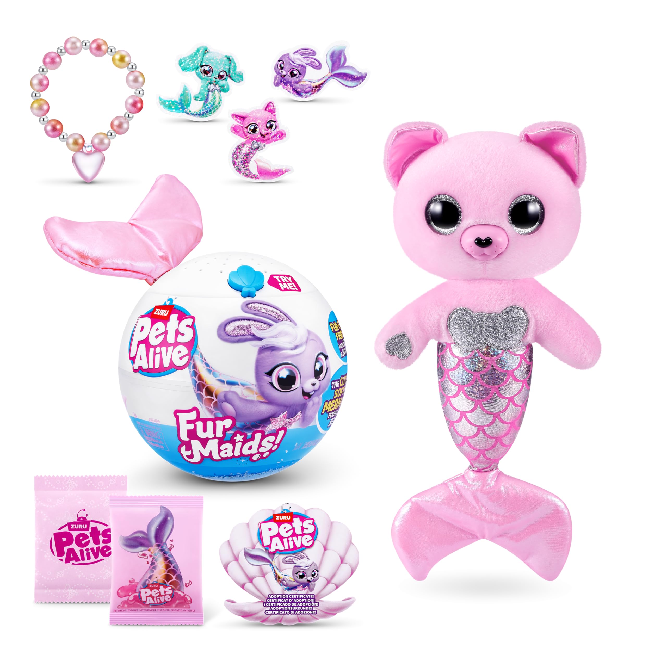 Pets Alive Furmaids by ZURU Mermaid Plush Interactive Lights Sounds Girls Toy (Pink Kitten)