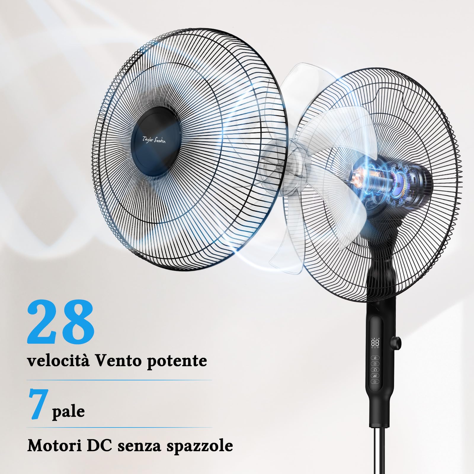 Taylor Swoden Ventilatore a Piantana, DC Silenzioso Ventilatore con Telecomando, Anti-moustique, 28 Velocità, 3 Modalità, 12H Timer, 75° Oscillant, LED, Regolabile in altezza(125-135cm), Nero
