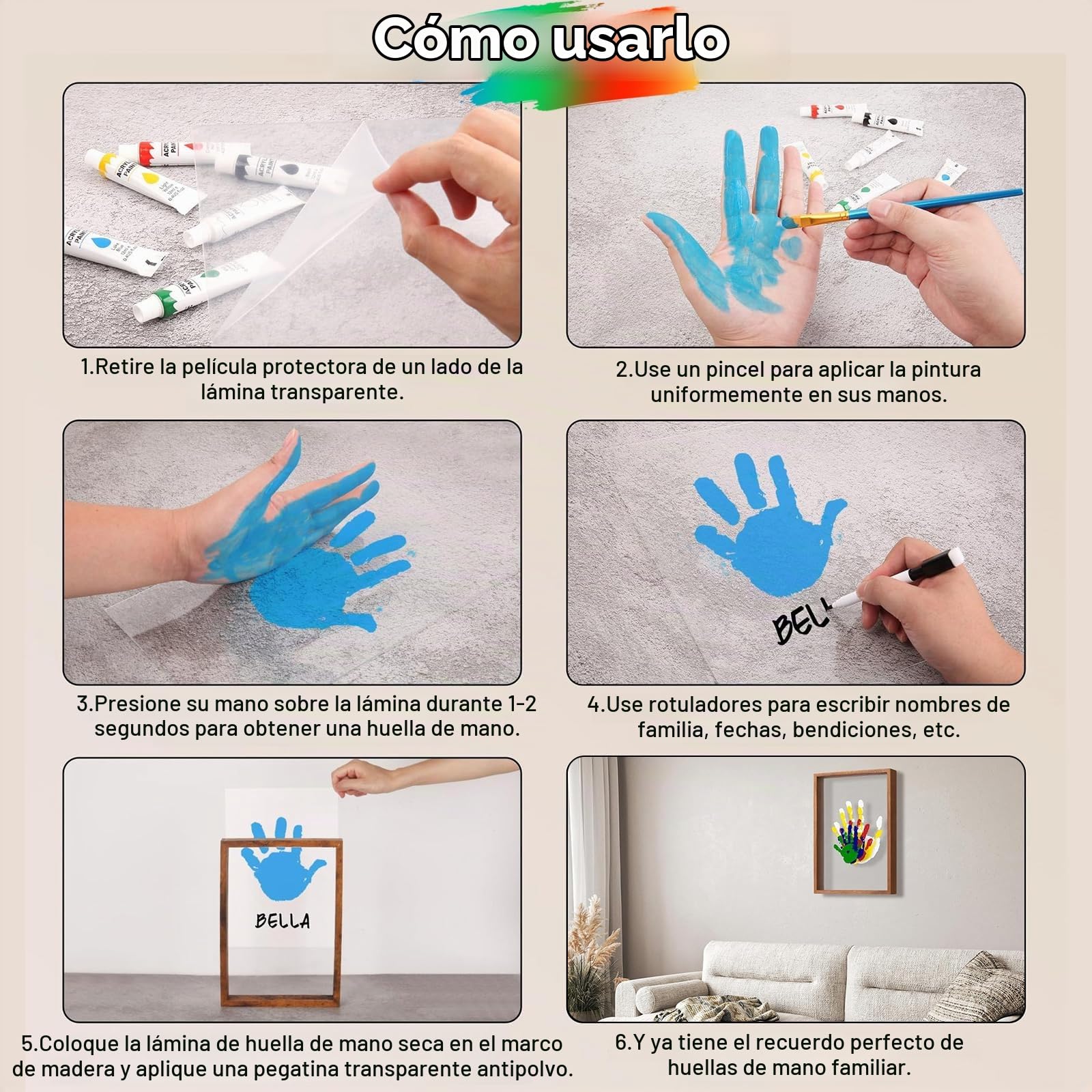 Set Huellas Familia, Marco de Madera Grande 31 x 22,4 cm, Kit Huellas de Manos y Pies Bebé, Pinturas No Tóxicas, Regalo para Recién Nacidos