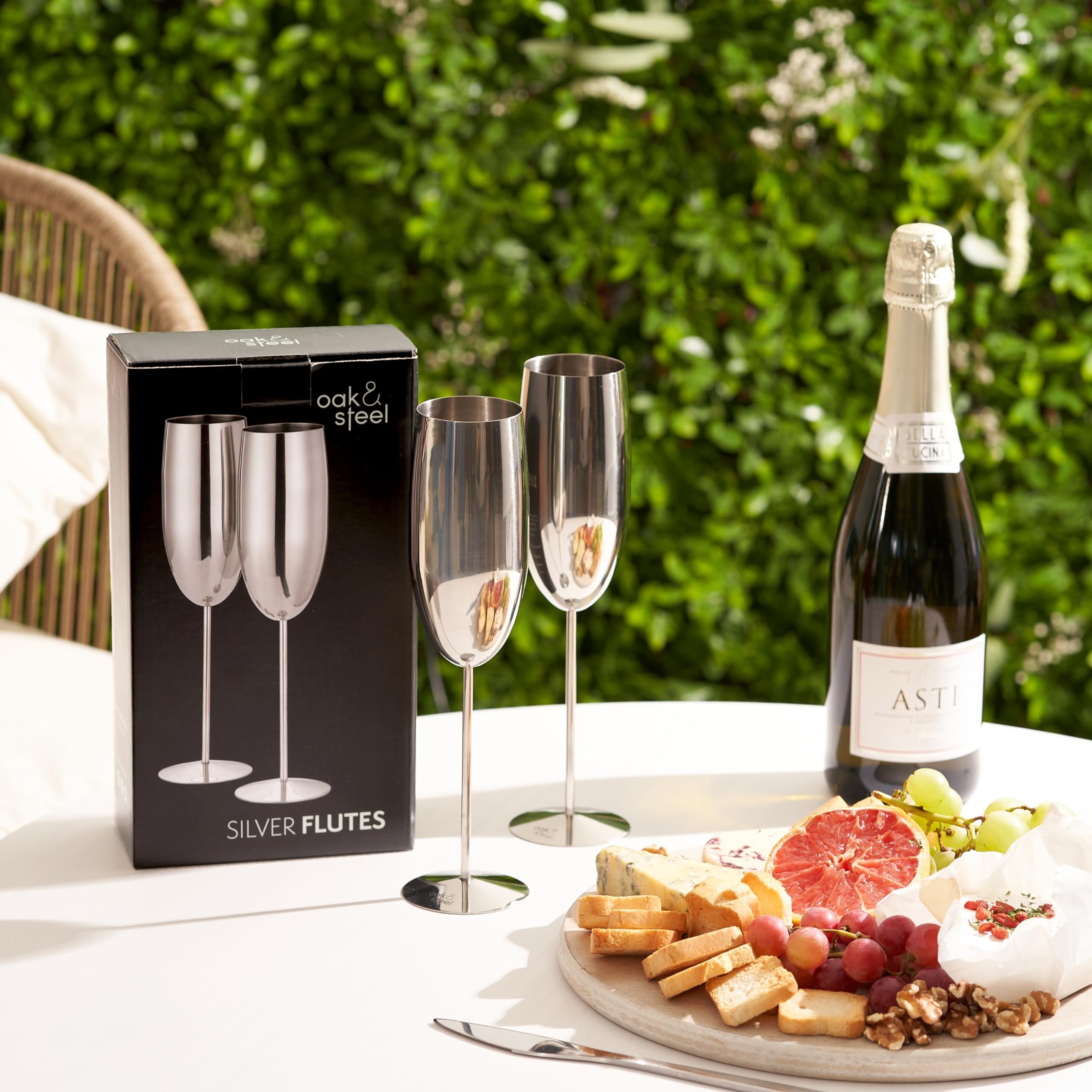 Oak & Steel 6 Silberne Champagner Gläser aus Edelstahl (280ml) - Bruchsichere Sektgläser/Prosecco Gläser mit Geschenkbox