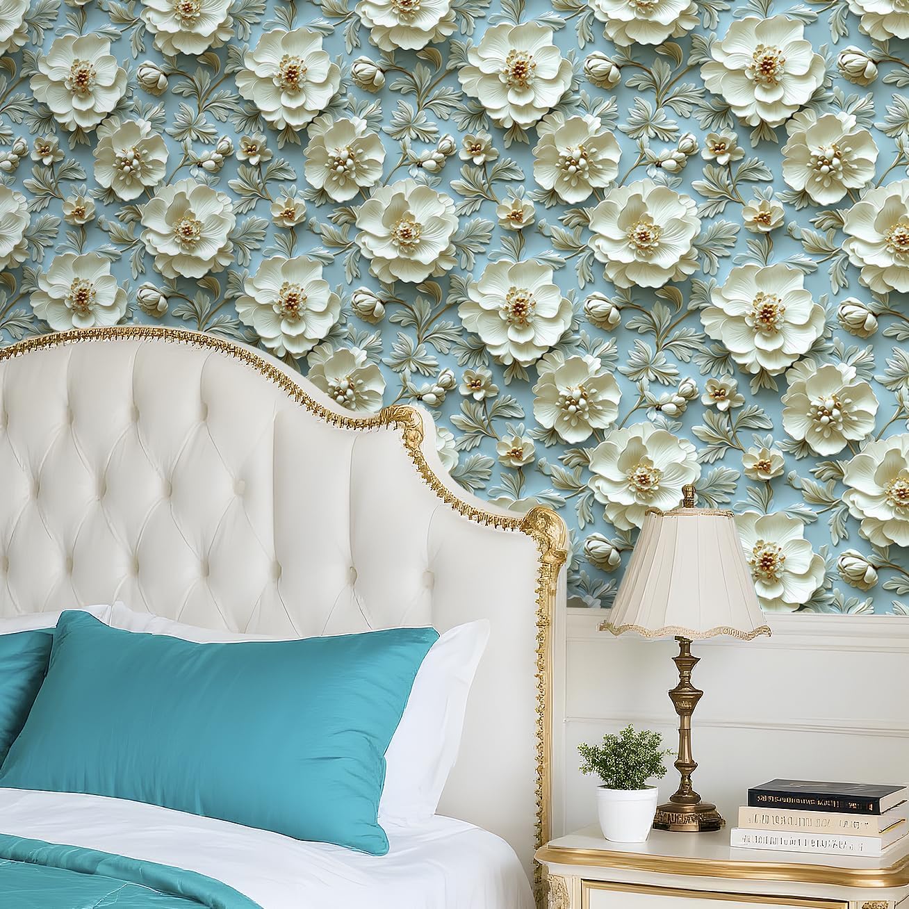 LACHEERY 17.5"x275" Light Blue and White Floral Peel and Stick Wallpaper Floral Embossed Flower Wallpaper for Bedroom Wall Paper Self Adhesive Elegant Rococo Flower Contact Paper Nursery Walls Cover