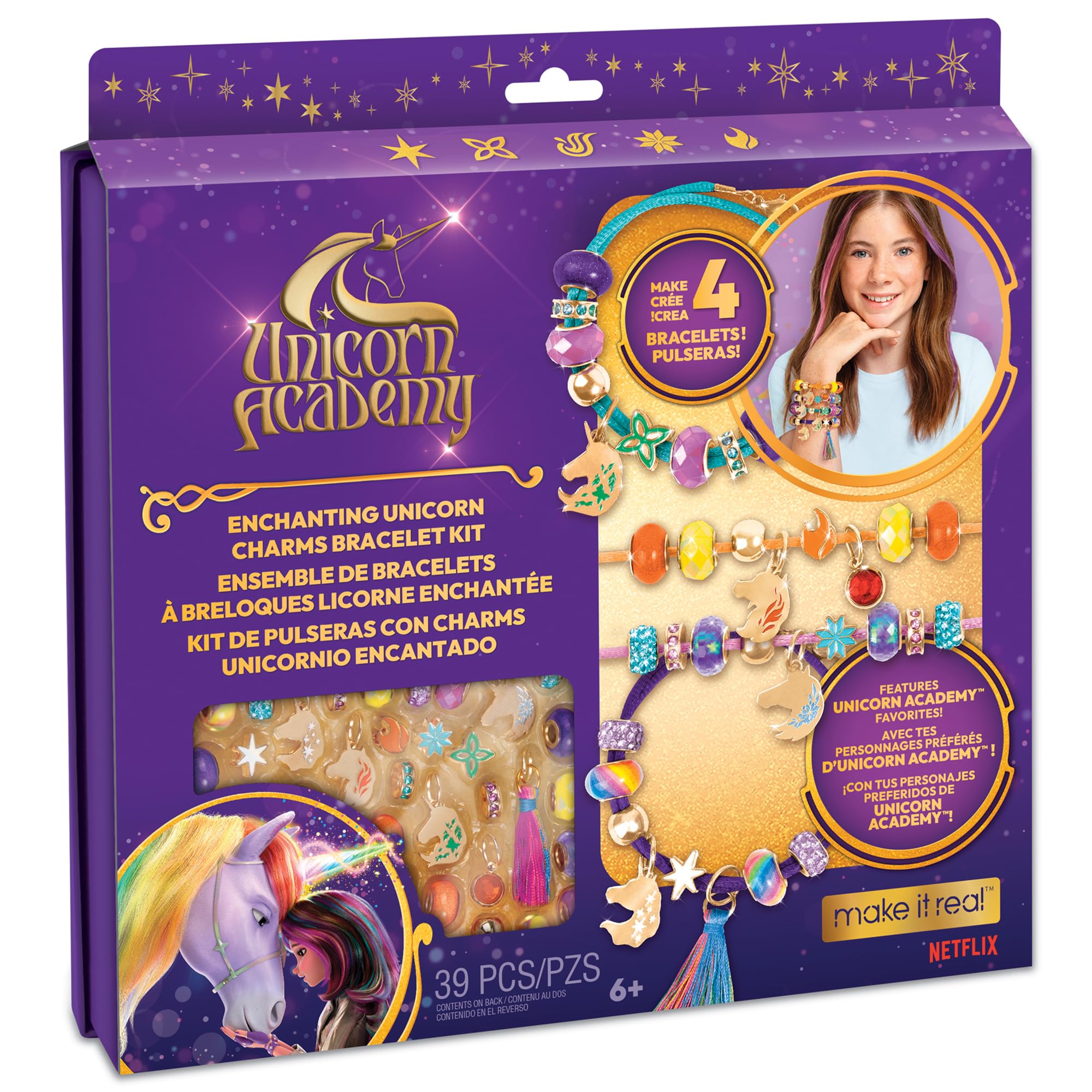 Make It Real: Unicorn Academy: Enchanting Unicorn Charms Bracelet Kit - 39pc DIY Jewelry Craft, Make 4 Charm & Bead Bracelets, Netflix Series, Kids 8+