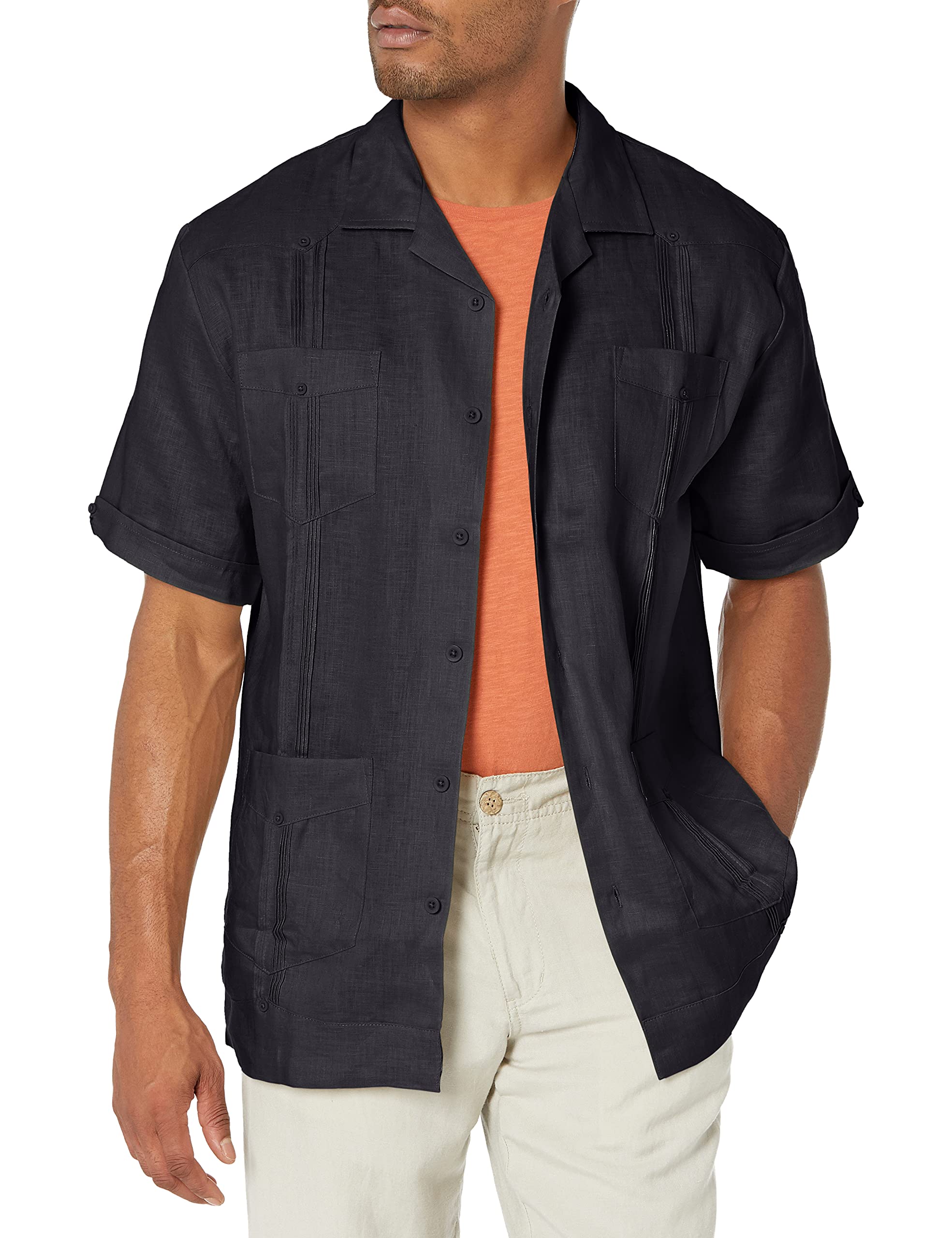 Cubavera Herren Guayabera-Hemd, 100% Leinen, kurzärmelig, Knopfleiste, Vier Taschen, Camp-Kragen, Biesen-Detail, leicht