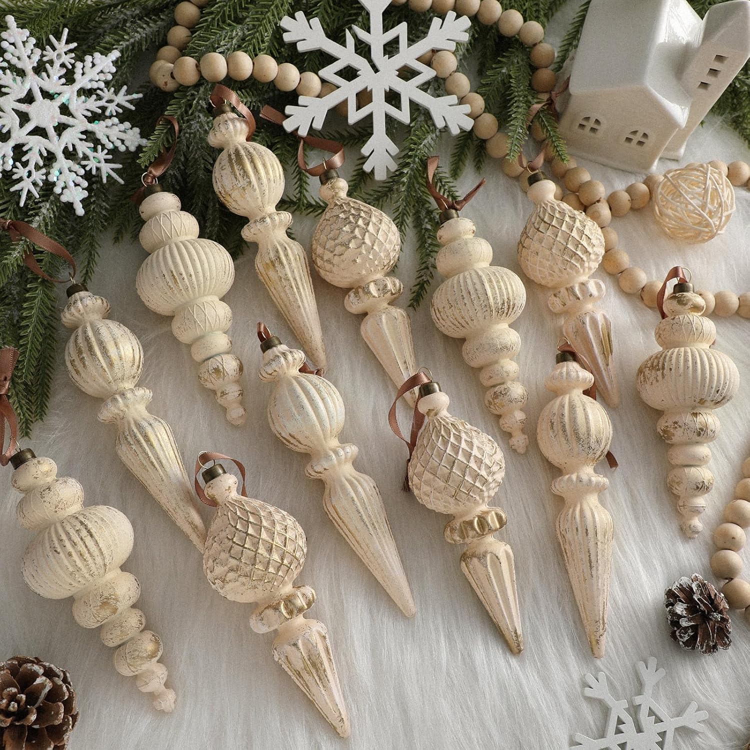 Yunlly 18 Pcs Neutral Christmas Ornaments Textured Christmas Tree Decor with Hanging Loop Modern Brown Hanging Ornaments Finial Shatterproof Decor for Xmas Vintage Rustic Farmhouse (Retro White)
