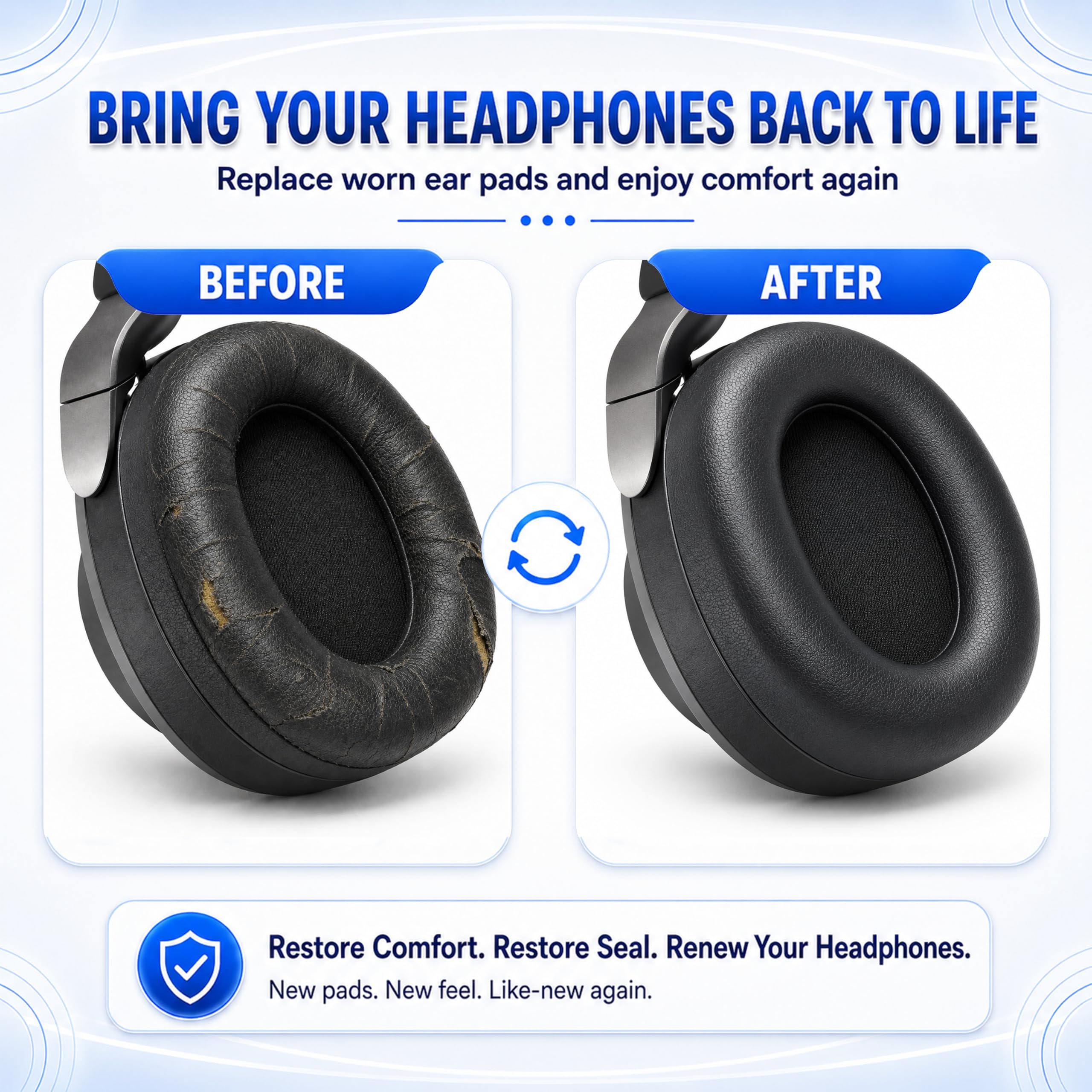 Almohadillas de repuesto para auriculares inalámbricos Jabra Elite 85h, cubierta de orejeras, piel suave y almohadillas de espuma viscoelástica, color negro