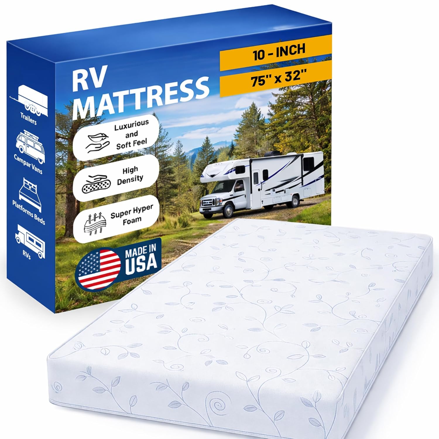 Greaton, 10-Inch High Density Foam RV Mattress Replacement, Medium Firm, Travel Camper Trailer Truck and Bunk, Pressure-Relief Support, Made in USA, 75" x 32"