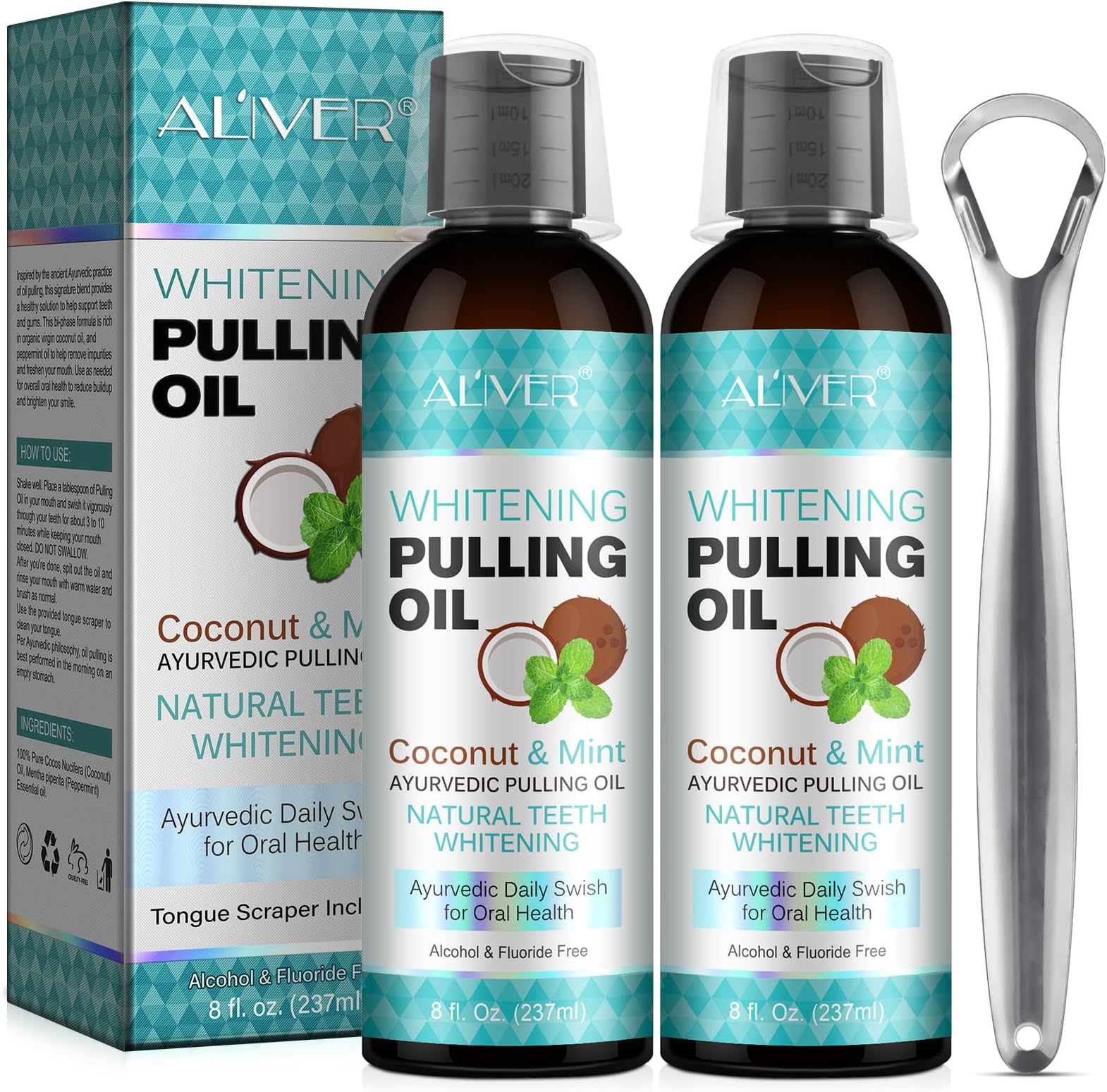 ALIVER Coconut and Peppermint Oil Mouthwash with Tongue Scraper, Fresh Breath and Whitening Mouthwash, Natural Ingredients to Keep Teeth and Gums Healthy, Alcohol-Free (474 ml)