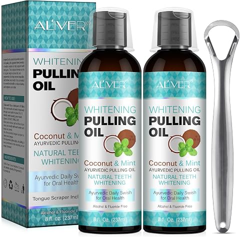 Enjuague bucal con aceite de menta y raspador de lengua - Aceite de coco natural para enjuague bucal, blanqueamiento dental, aliento fresco y dientes más saludables (237ml 2Pack)