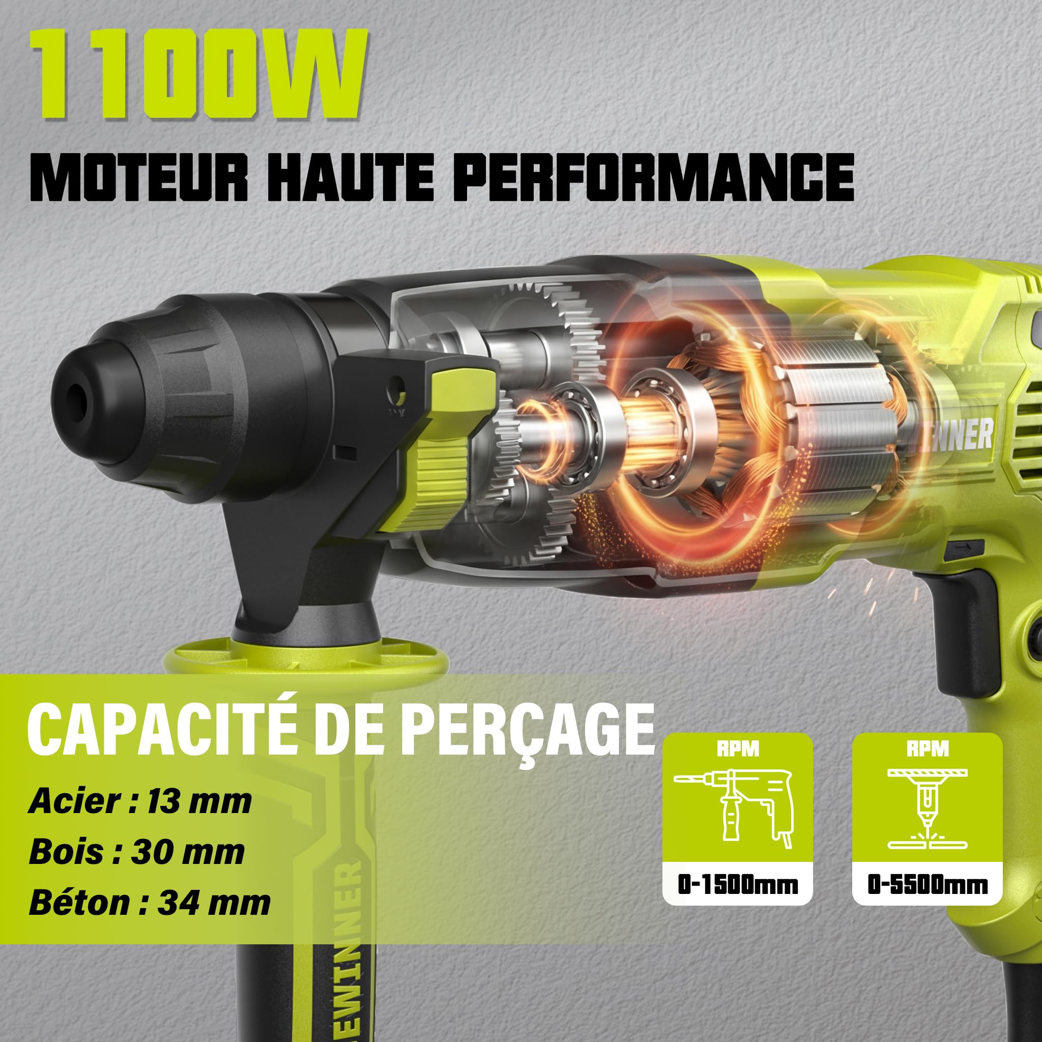 DEWINNER Marteau Perforateur 1100W 3.4 J, Marteau Perforateur 0-1500RPM/5500BPM avec 4 Fonctions et Embrayage de Sécurité, 20 Accessoires y compris la Scie Coche, Vitesse Variable, Béton, Acier, Bois