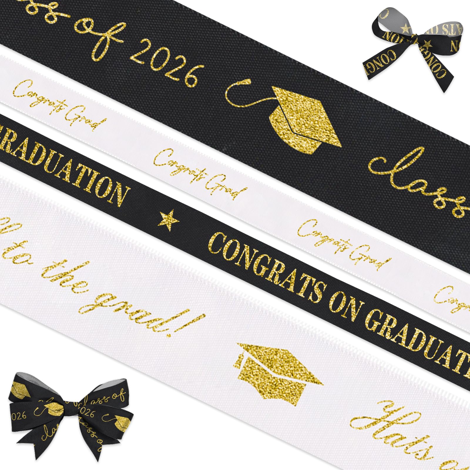Photo 1 of 4 Rolls 20 Yard 2026 Graduation Ribbon Graduation Hat Star Printed Grosgrain Ribbons White Black Gift Wrapping Class of 2026 Satin Ribbon for Graduation Party Favors Decor for Gift Wrapping
