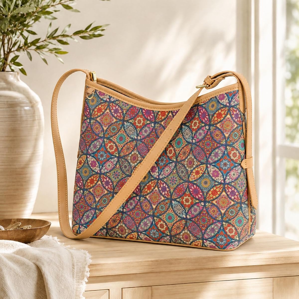 Vintage Natural Cork Tote Bag for Women, Large Shoulder Handbag for Travel view 3