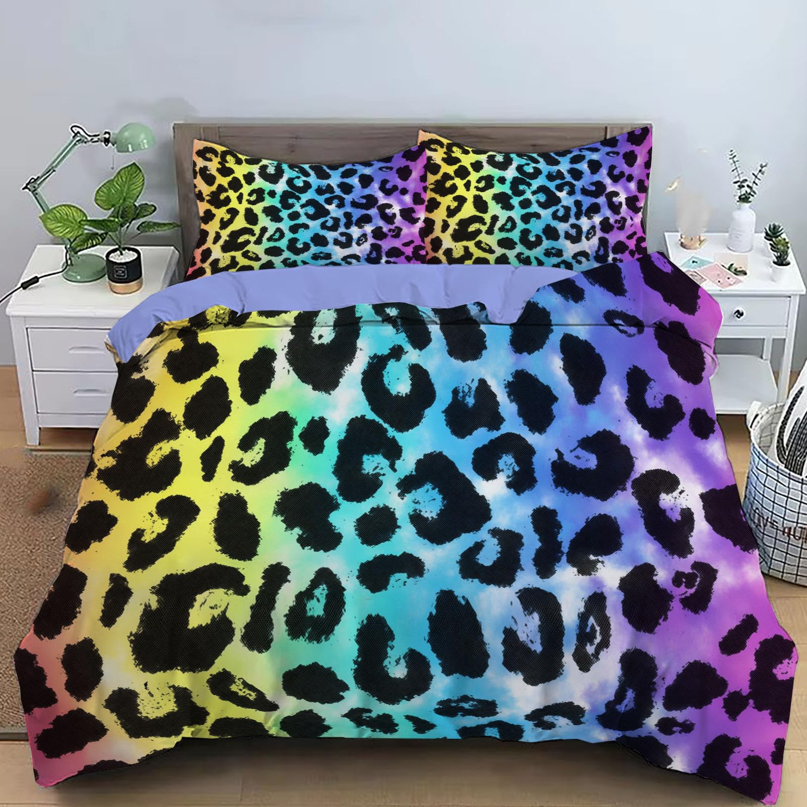 Housse de couette réversible léopard aquarelle en microfibre douce lavable pour lit enfant junior