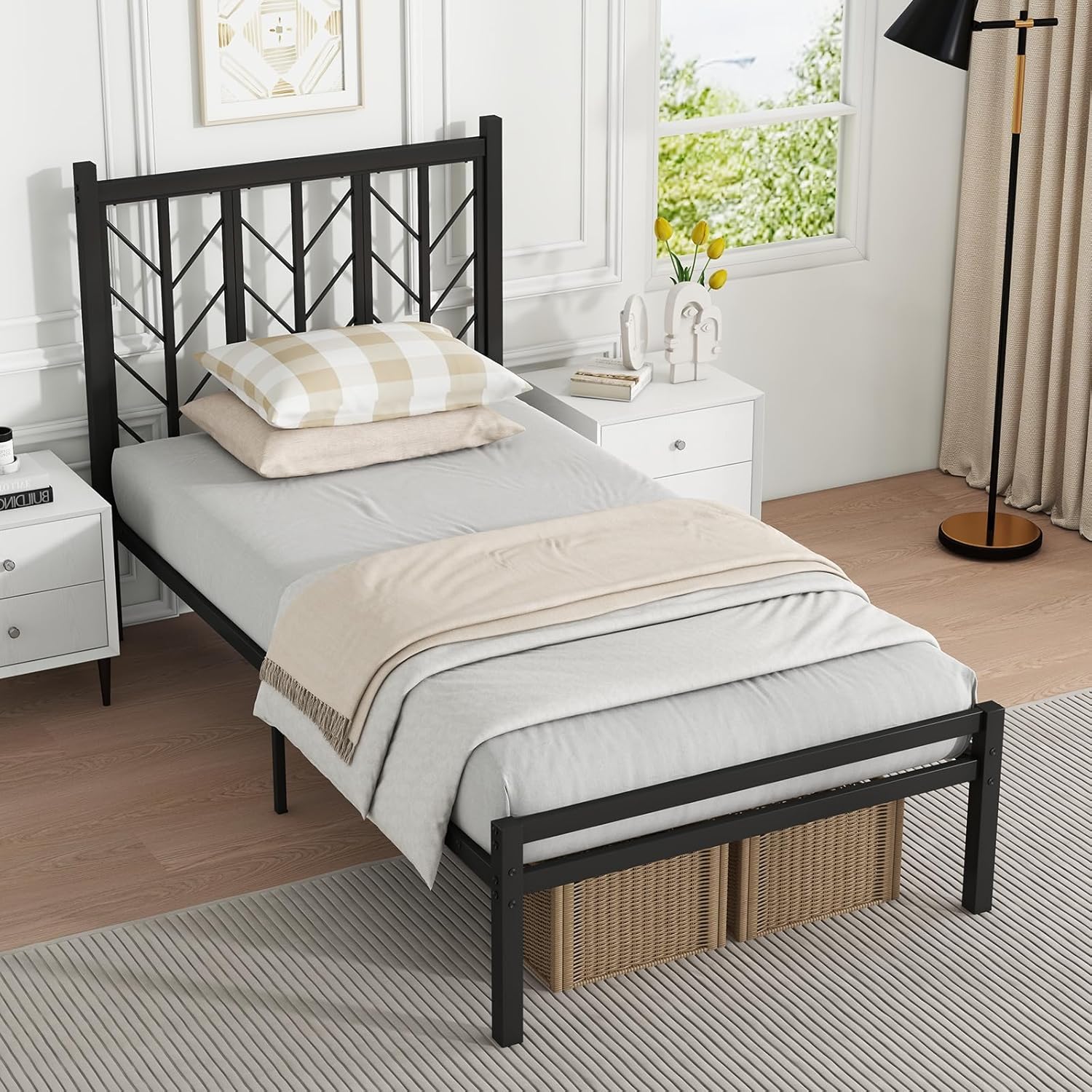 Giantex Twin Bed Frames with Vintage Headboard, 12 Inches Metal Mattress Foundation for Storage, No Box Spring Needed, Easy Assembly, Twin Bed Frames for Kids, Black