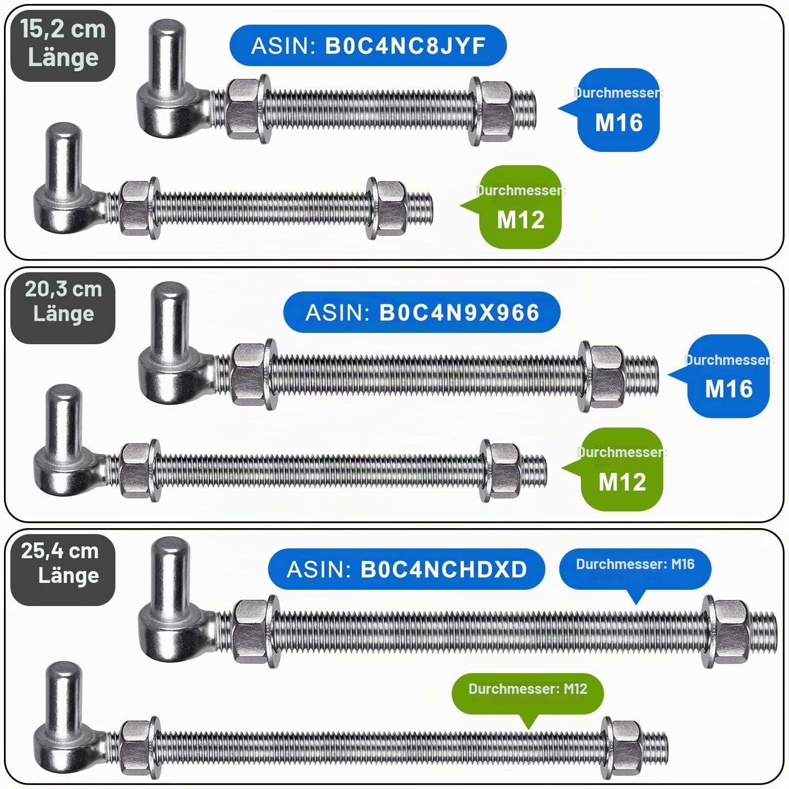 Insaga Torscharnier M12, 4er Schwerlast Gartentor Scharnier 16mm Kloben J-haken zu Bolzen Edelstahl Zauntor Torangel Verstellbar zum Schraube für Bauernhof Tor/Garten Tor/Feld/Holzzaun/Einfahrt, 150mm