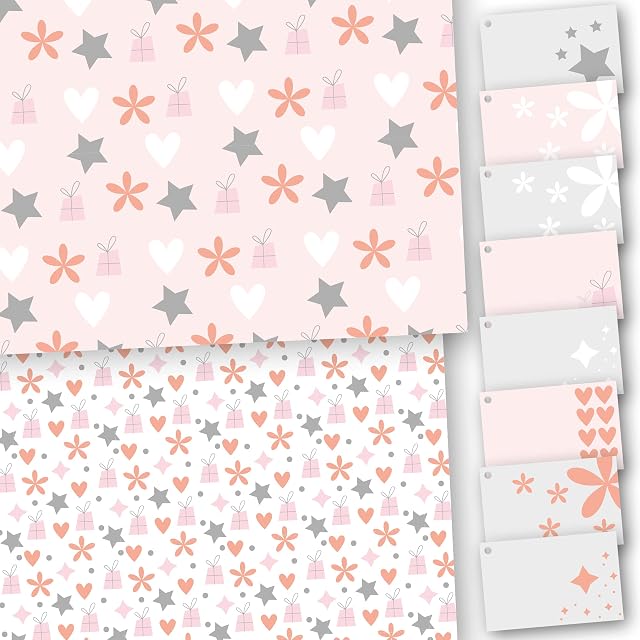 Colourful Wrapping Paper. Hearts Stars and Flowers Twin design pack. 8 XL Sheets (50 x 70cm), 4 of each design. Gift Wrap with matching Tags. Cutting grid on reverse. By Absolutely Yours.