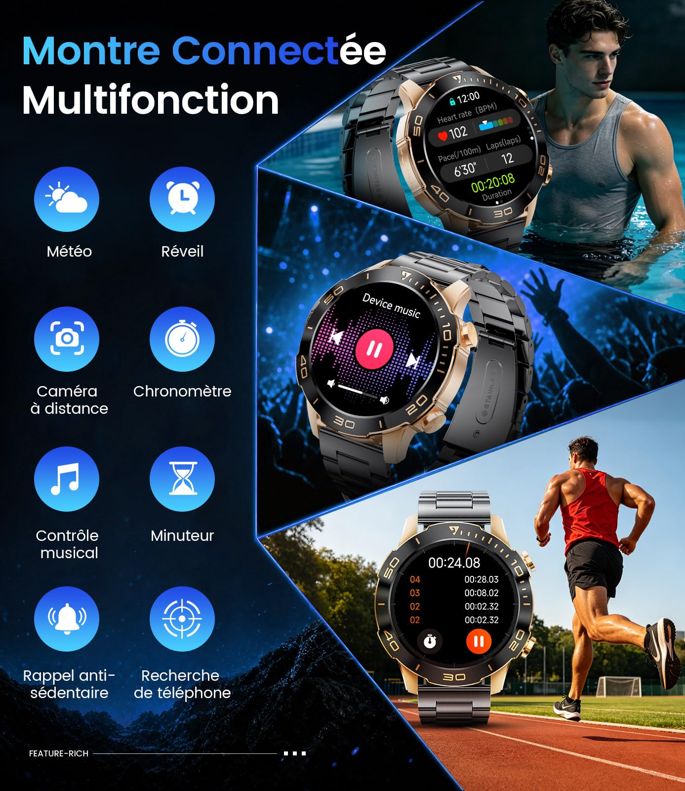 LIGE Montre Connectée Homme. 1.43" HD 800mAh Compatible Android/iOS | Écran HD AMOLED, Batterie Haute Capacité, 170+ Sports, étanchéité IP68, Appels Bluetooth, Santé 24/7, 2 bracelets