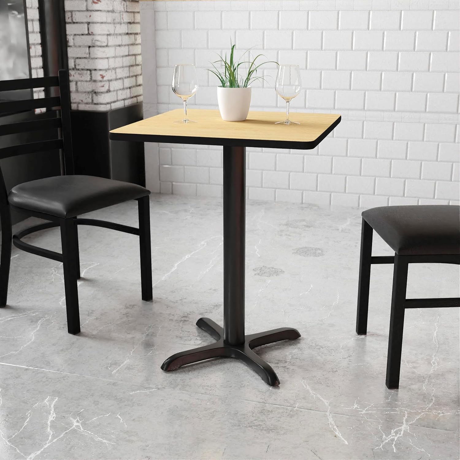 BOWERY HILL 24" Square Restaurant Dining Table, Black Natural Laminate Finish, 1.125" Thick Top, Melamine Core, Cast Iron Construction, Durable Indoor Dining Room or Hospitality Table