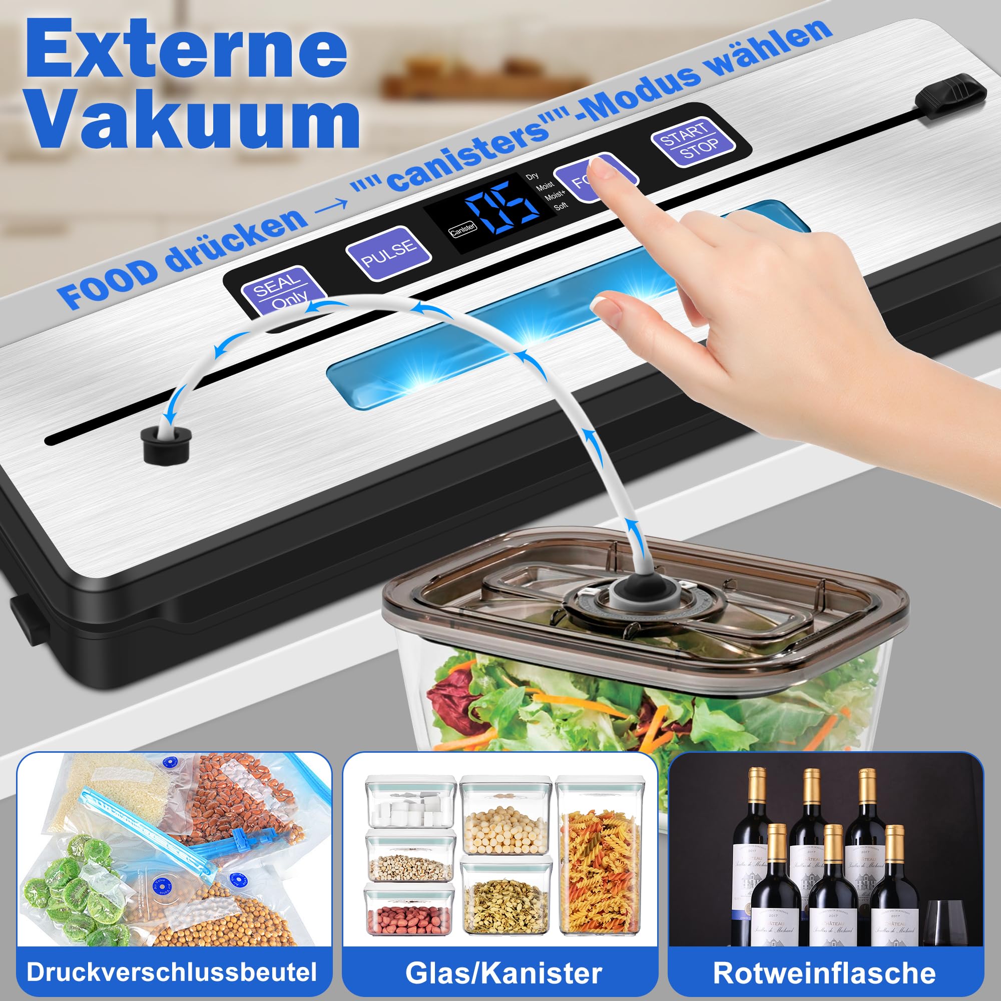 Vakuumiergerät 7 in 1 Profi mit Doppelter Schweißnaht, Cutter und Digitalem Countdown, 50 Beutel