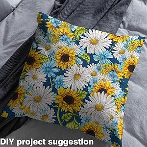 Erosebridal Sunflower Daisy Fabric by The Yard, Garden Floral Blossom Upholstery Fabric, Retro Ink Painting DIY Outdoor Botanical Branches Decor for Quilting Sewing, Yellow Blue White, 5 Yards
