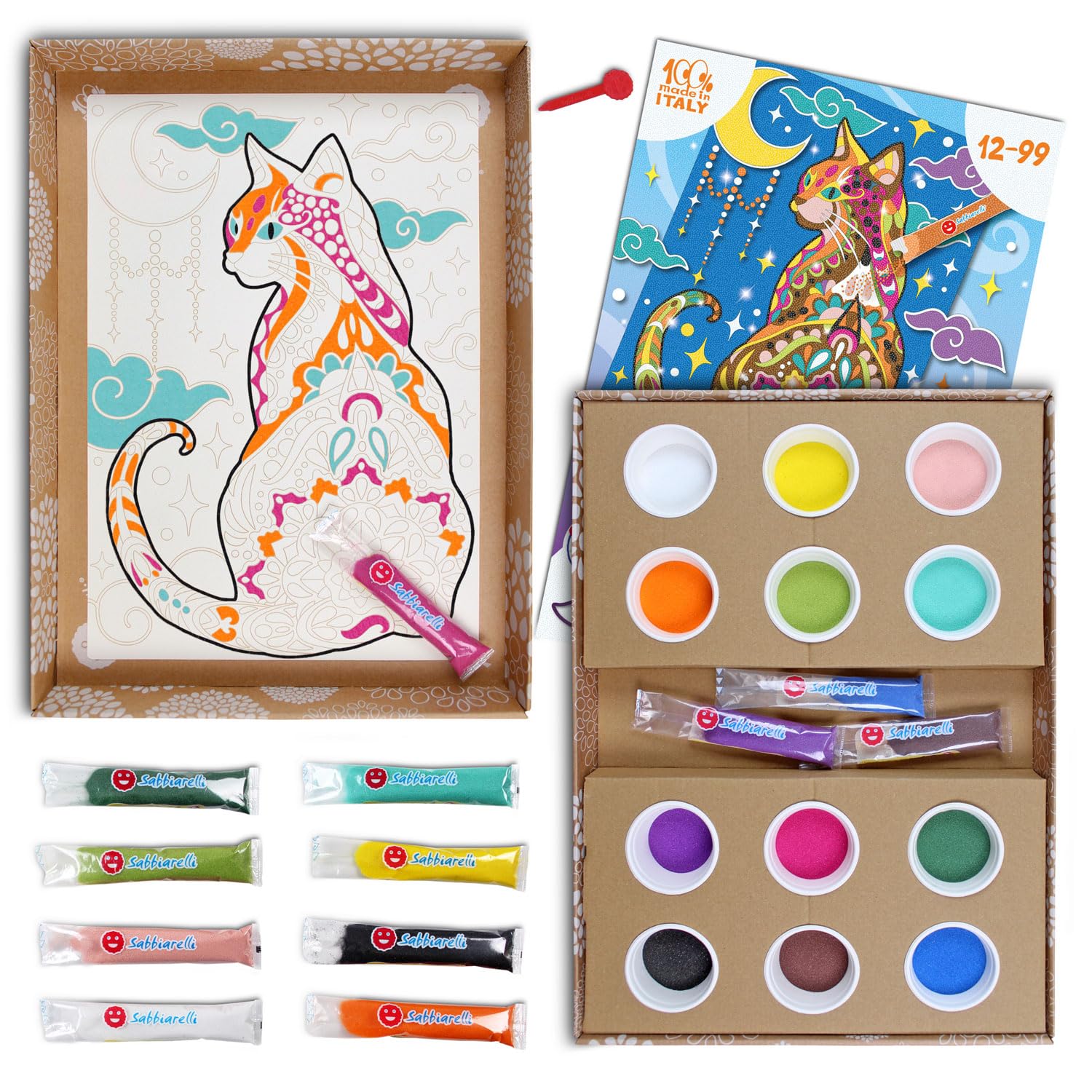 Sabbiarelli Sand-it For Fun – Maxi Set Mandala Chat 12-99 | Kit de Sand Art 100% Made in Italy avec Sable Coloré, 1 Poster Adhésif et Accessoires | Hobby Créatif Relaxant