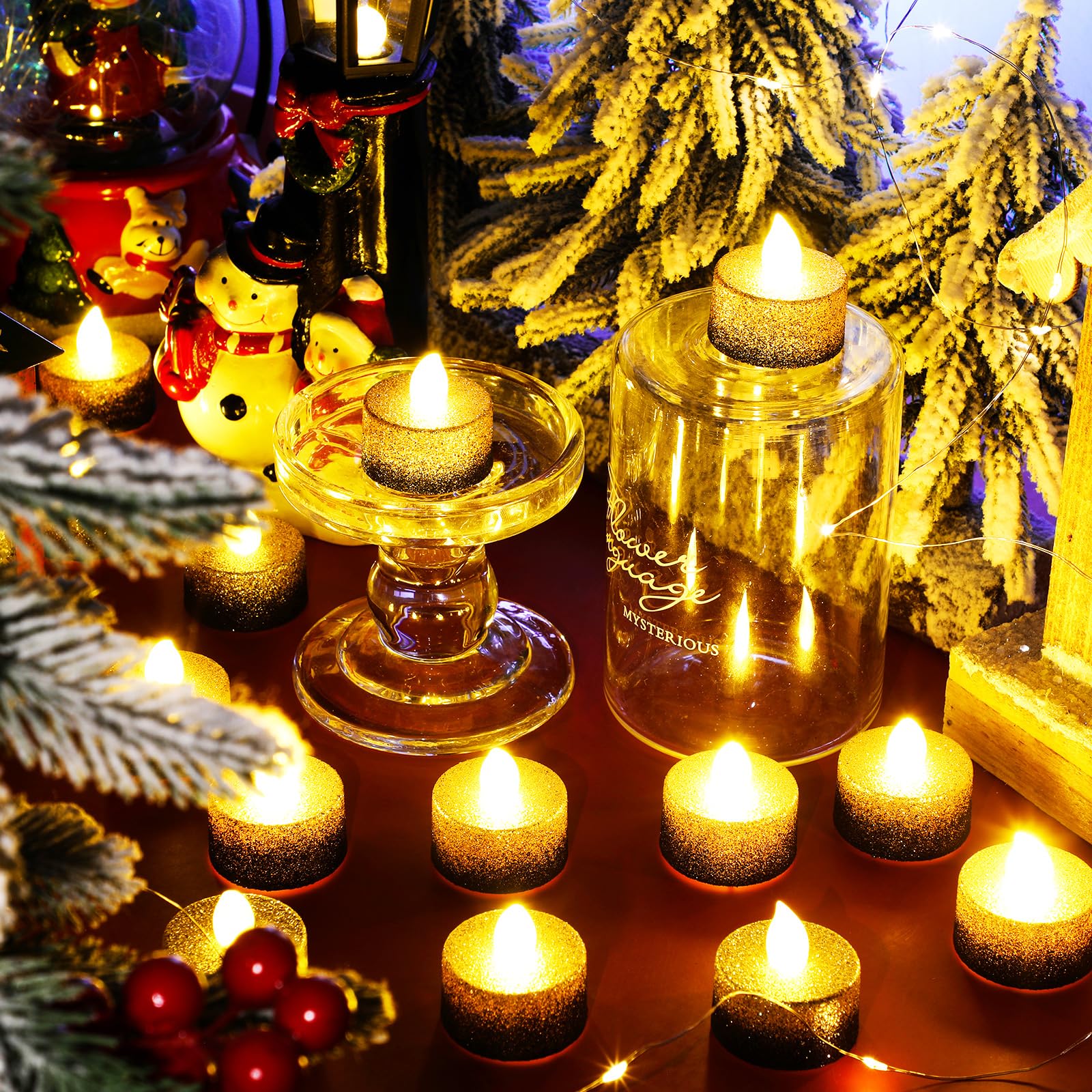 Retisee 48 lumini da tè a LED senza fiamma, con glitter dorati e neri, candele finte, per centrotavola, funzionamento a batteria, decorazioni romantiche per anniversari, decorazioni romantiche per