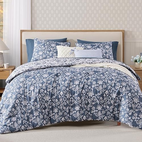 Full Comforter Set -7 Pieces Floral Oxford Blue Comforter Set for All Seasons, Bed in a Bag Full with Botanical Flowers Comforter, Sheets, Pillowcases & Shams
