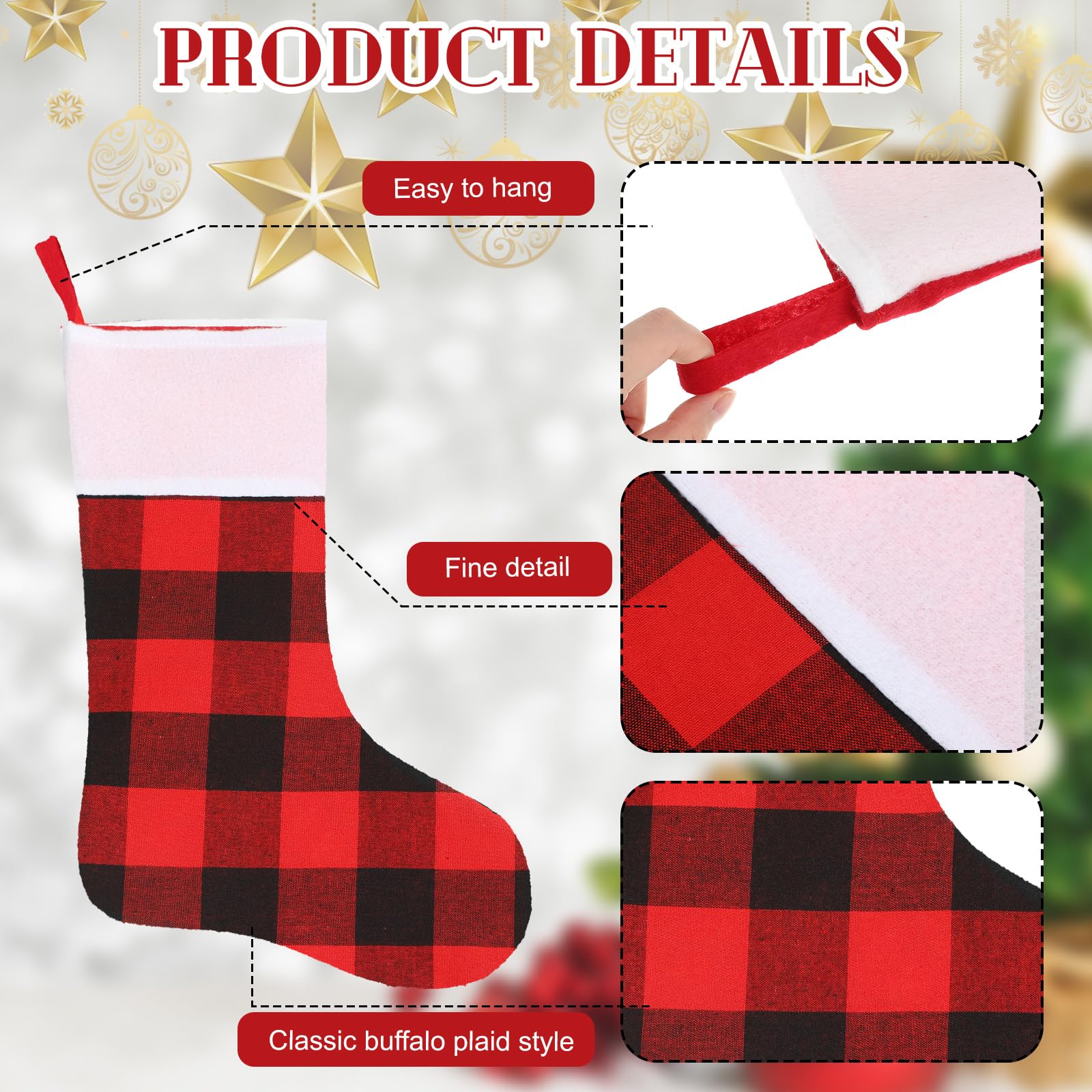12 calze natalizie a quadri di bufalo, calze natalizie da appendere, decorazioni natalizie a quadri, per feste di Natale in famiglia, feste di Natale, bianco e nero (nero, rosso, 45 pollici)