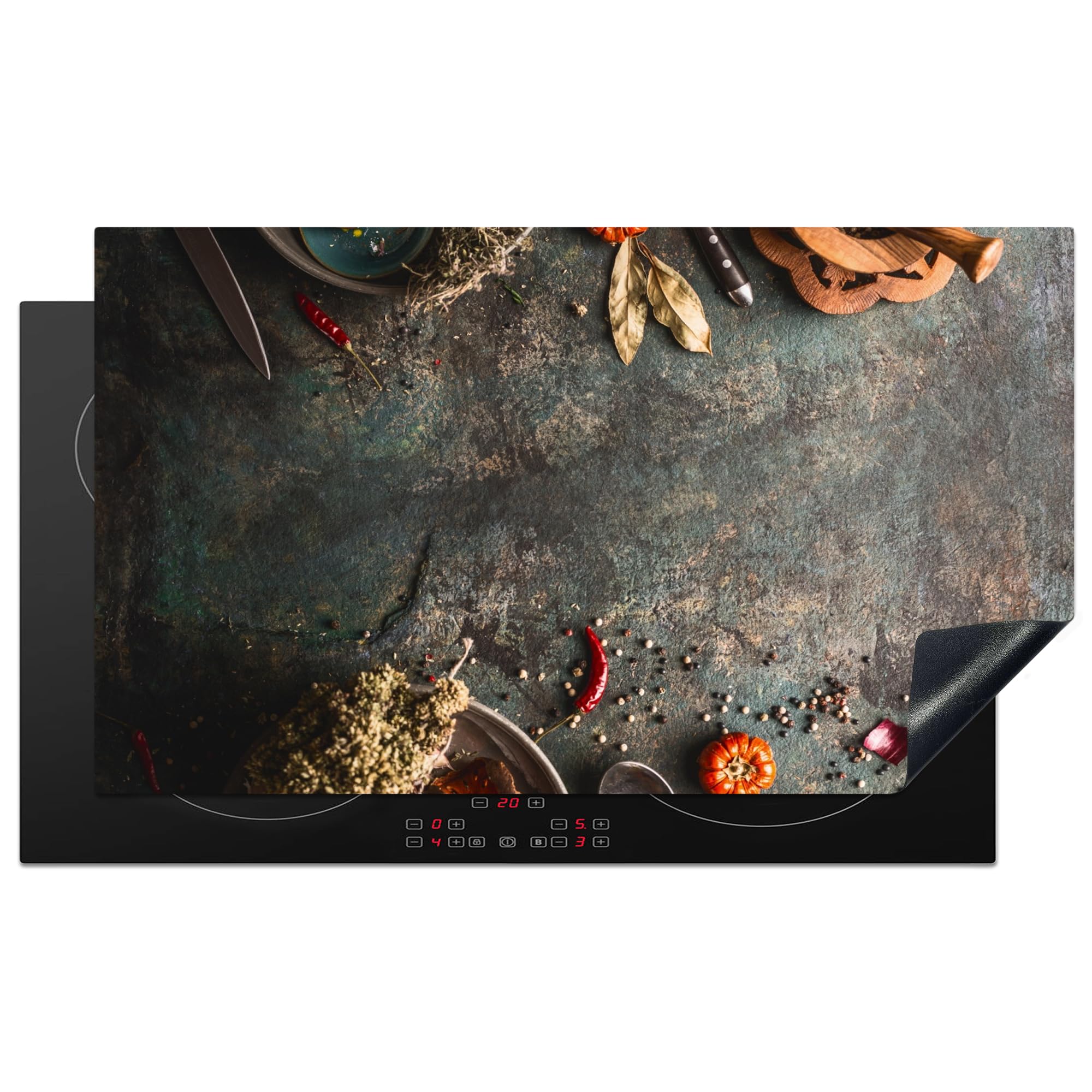 KitchenYeah© Herdabdeckplatte Einteilig Ceranfeld Abdeckplatte Küche Deko Ceranfeldabdeckung Herdabdeckung Induktionsmatte Marmor - Gemüse - Herbst - Kürbis - Rustikal - Gewürze - 90x52 cm
