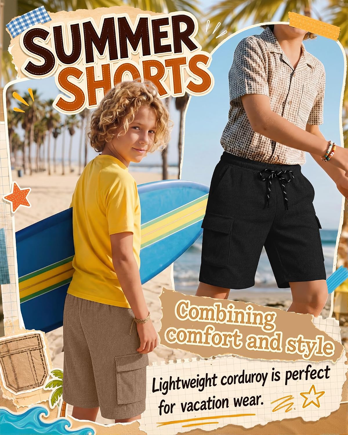3 Pack Boys Cargo Shorts Kids Corduroy Beach Shorts Lightweight Drawstring Summer Athletic Bottoms with Pockets